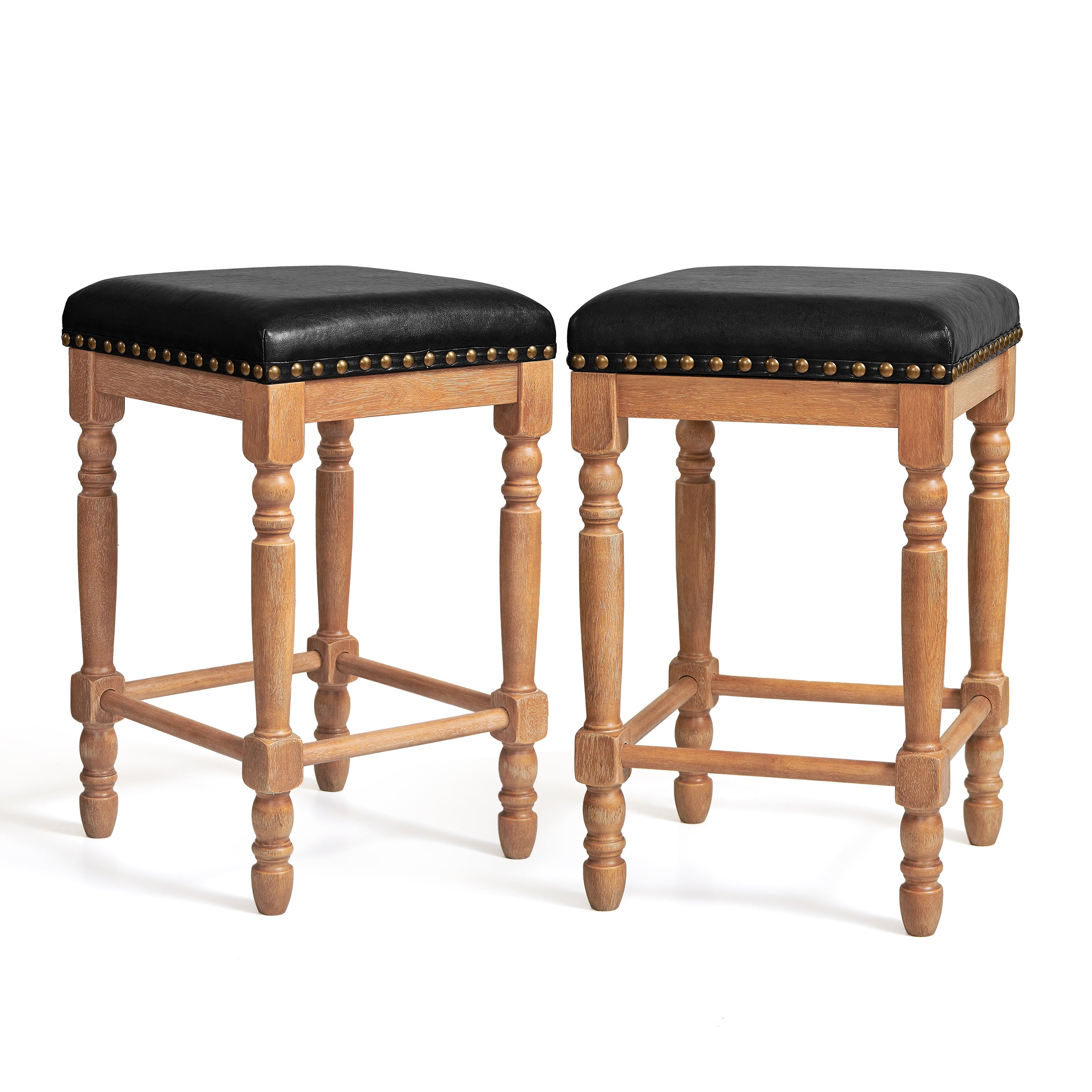 Subrtex 26” Bar Stools Set of 2, Counter Height, Waxed Leather with Nailhead Trim, Mid-Century Rustic Wood Frame for Kitchen Dining Room