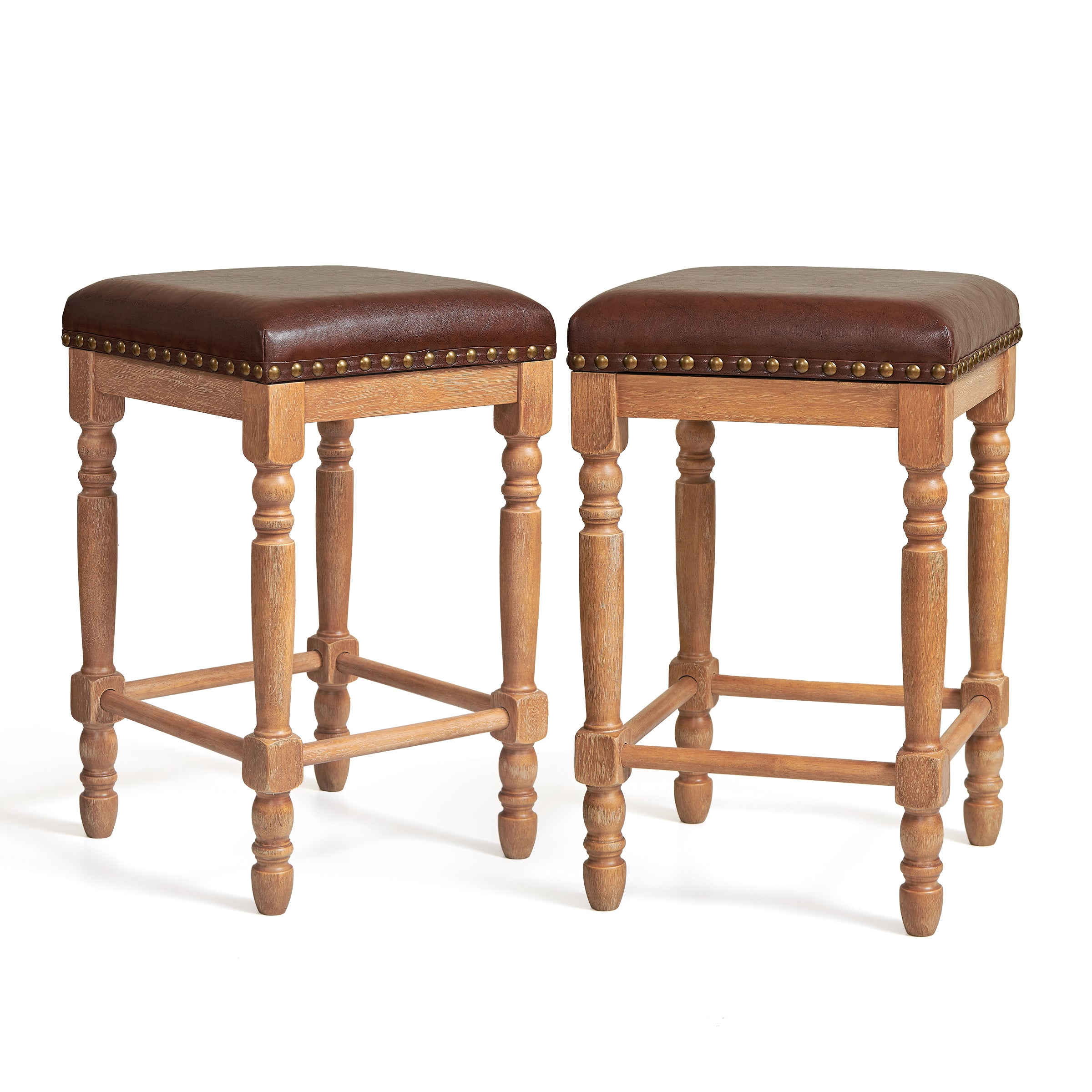 Subrtex 26” Bar Stools Set of 2, Counter Height, Waxed Leather with Nailhead Trim, Mid-Century Rustic Wood Frame for Kitchen Dining Room