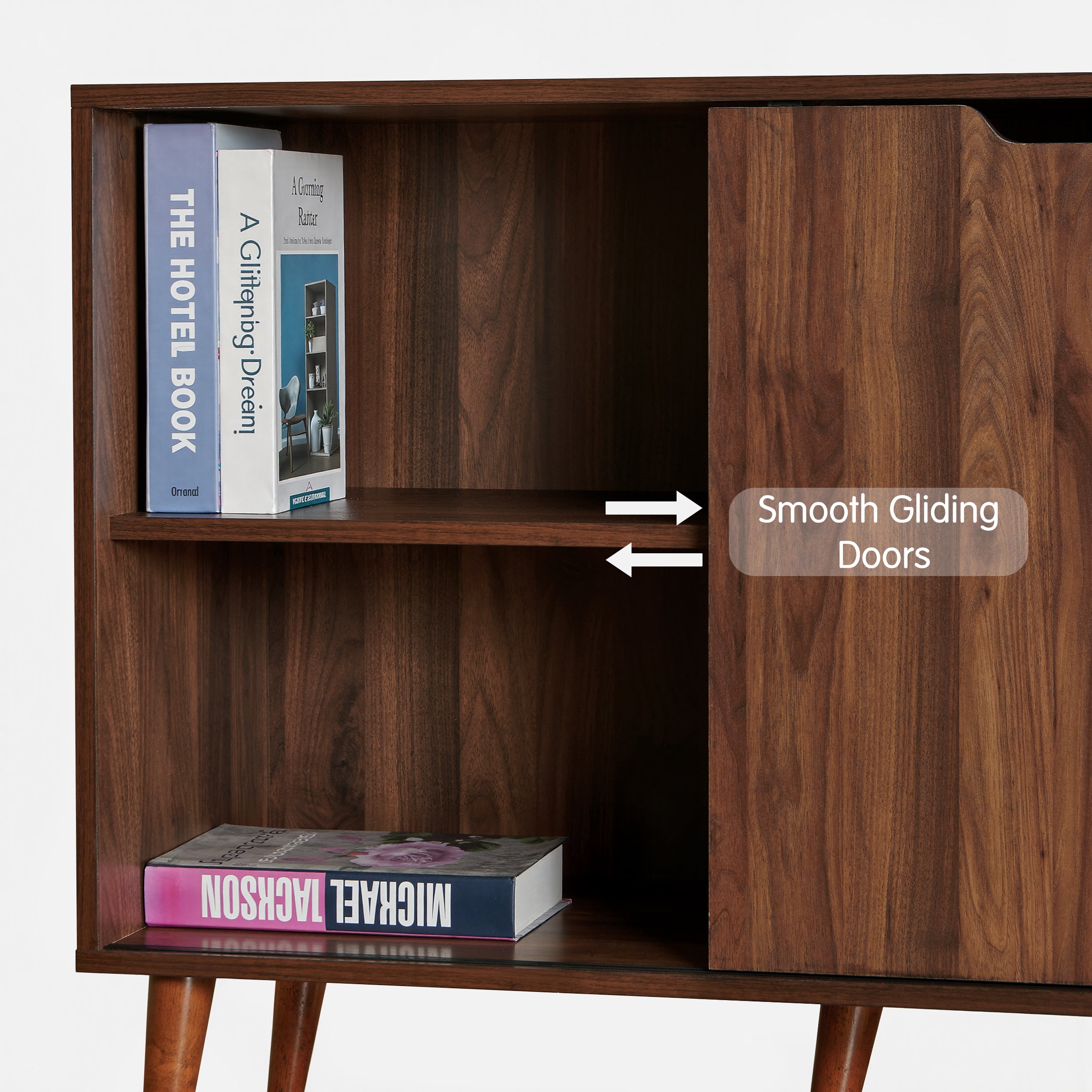 Subrtex 64" Rubberwood TV Stand with Sliding Doors, Adjustable Shelves & Cable Management