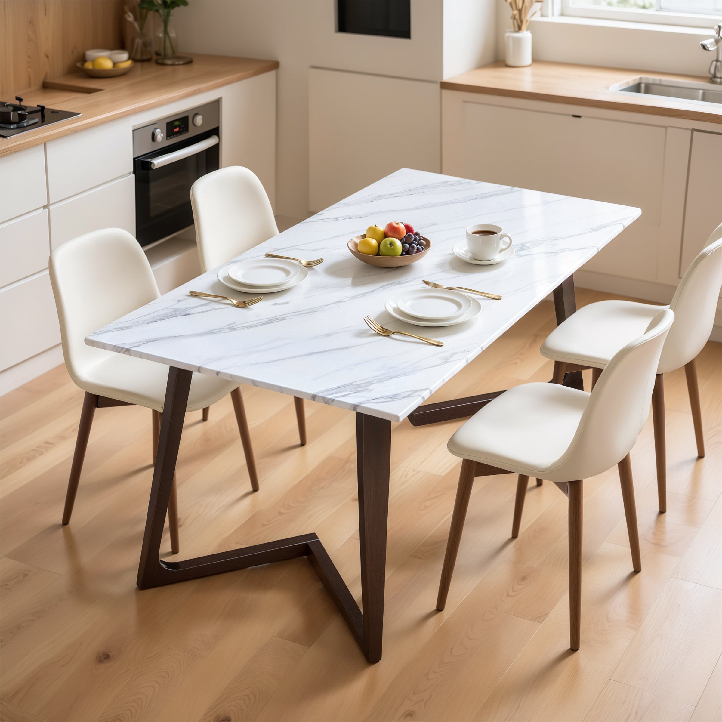 Subrtex Marble Dining Table for 6, Modern Long Kitchen & Dining Room Table with Sturdy Geometric Wood Legs
