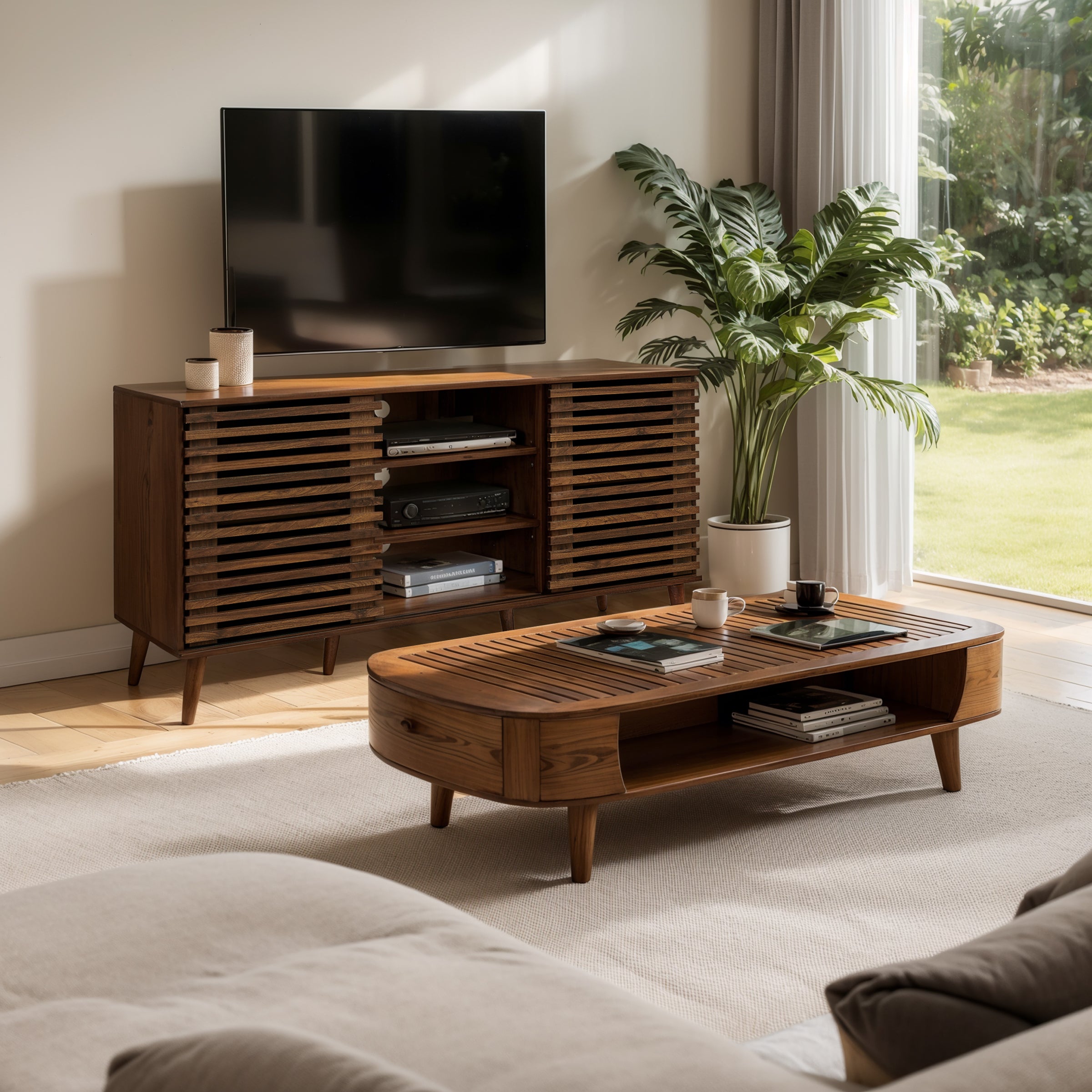 Subrtex 64" Mid-Century Walnut TV Stand with Sliding Slatted Doors