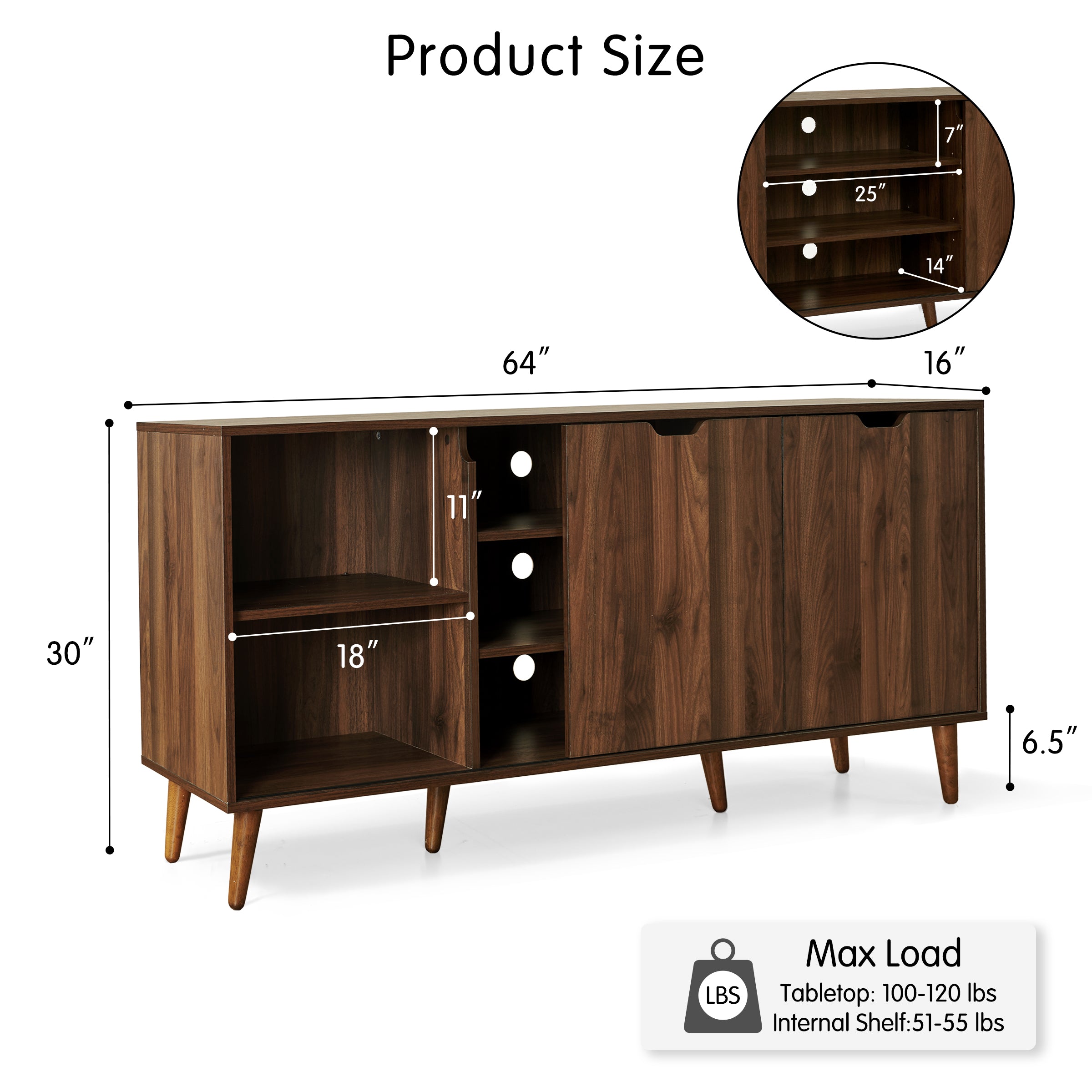 Subrtex 64" Rubberwood TV Stand with Sliding Doors, Adjustable Shelves & Cable Management