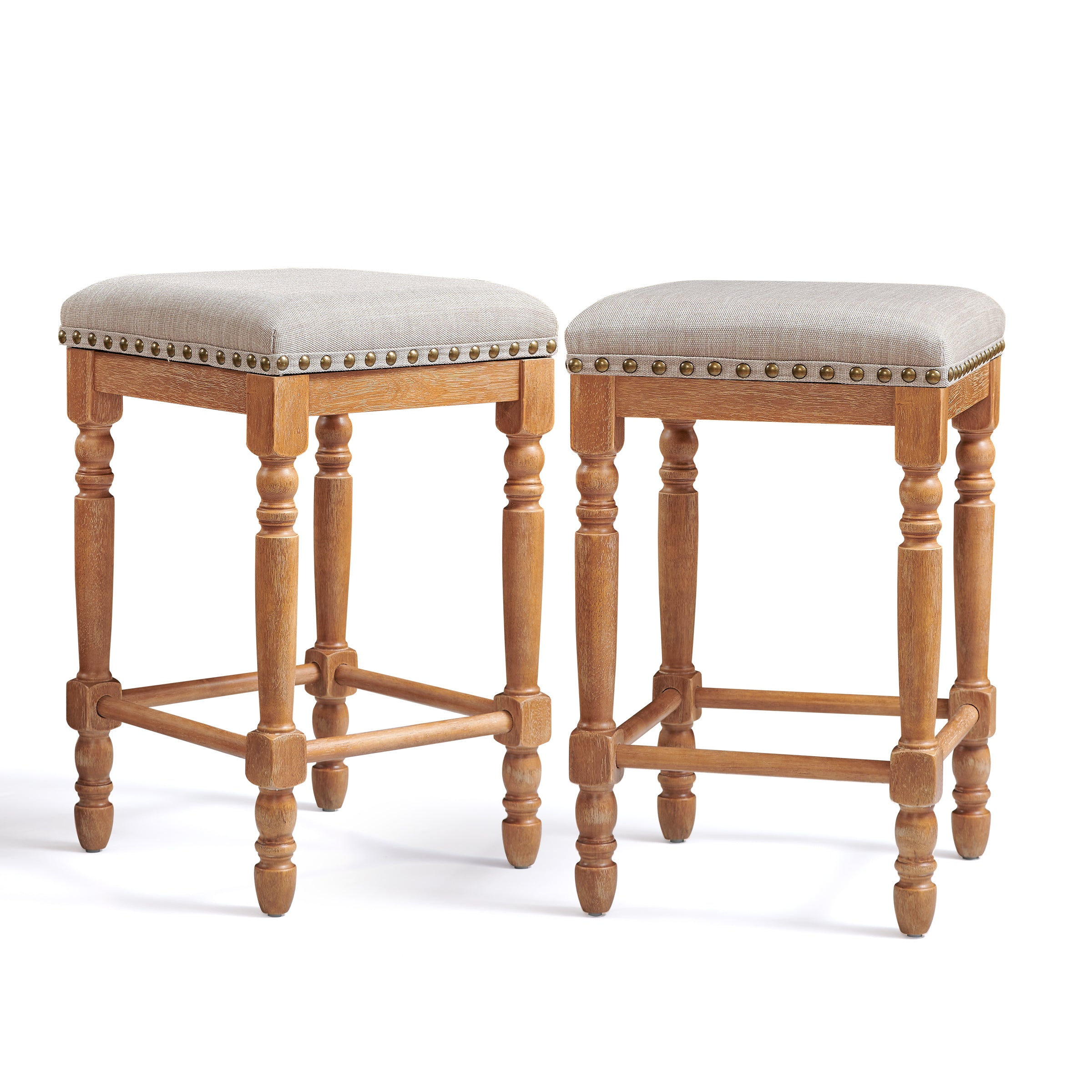 Subrtex 26” Bar Stools Set of 2, Counter Height, Linen Upholstered with Nailhead Trim, Rustic Solid Wood Frame for Kitchen & Home Bar