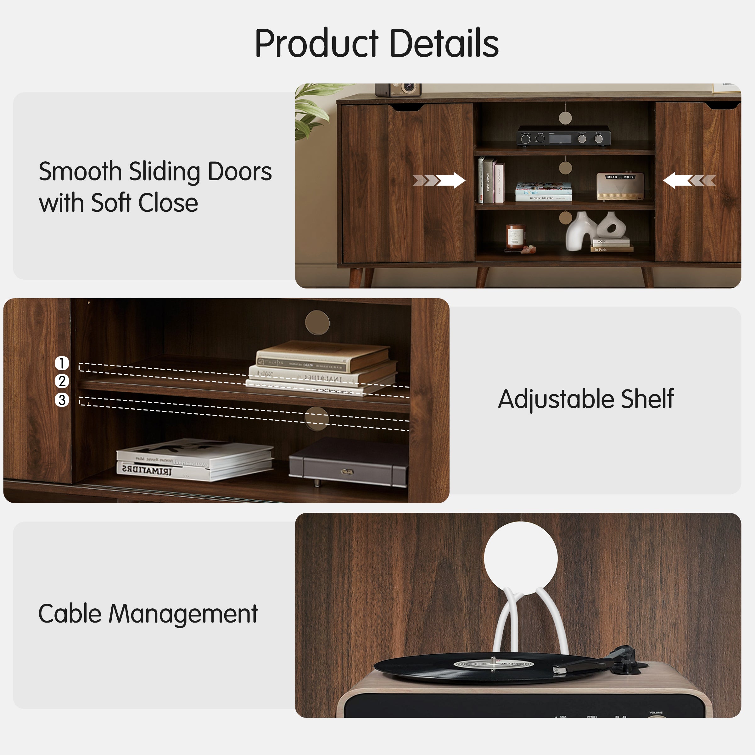 Subrtex 64" Rubberwood TV Stand with Sliding Doors, Adjustable Shelves & Cable Management