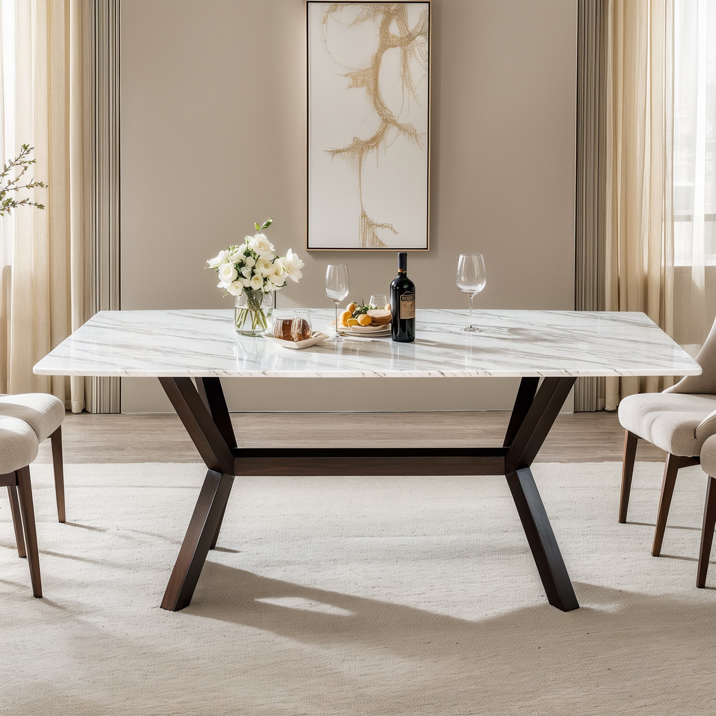 Subrtex Marble Dining Table for 6, Modern Long Kitchen & Dining Room Table with Sturdy X-Shaped Wood Legs