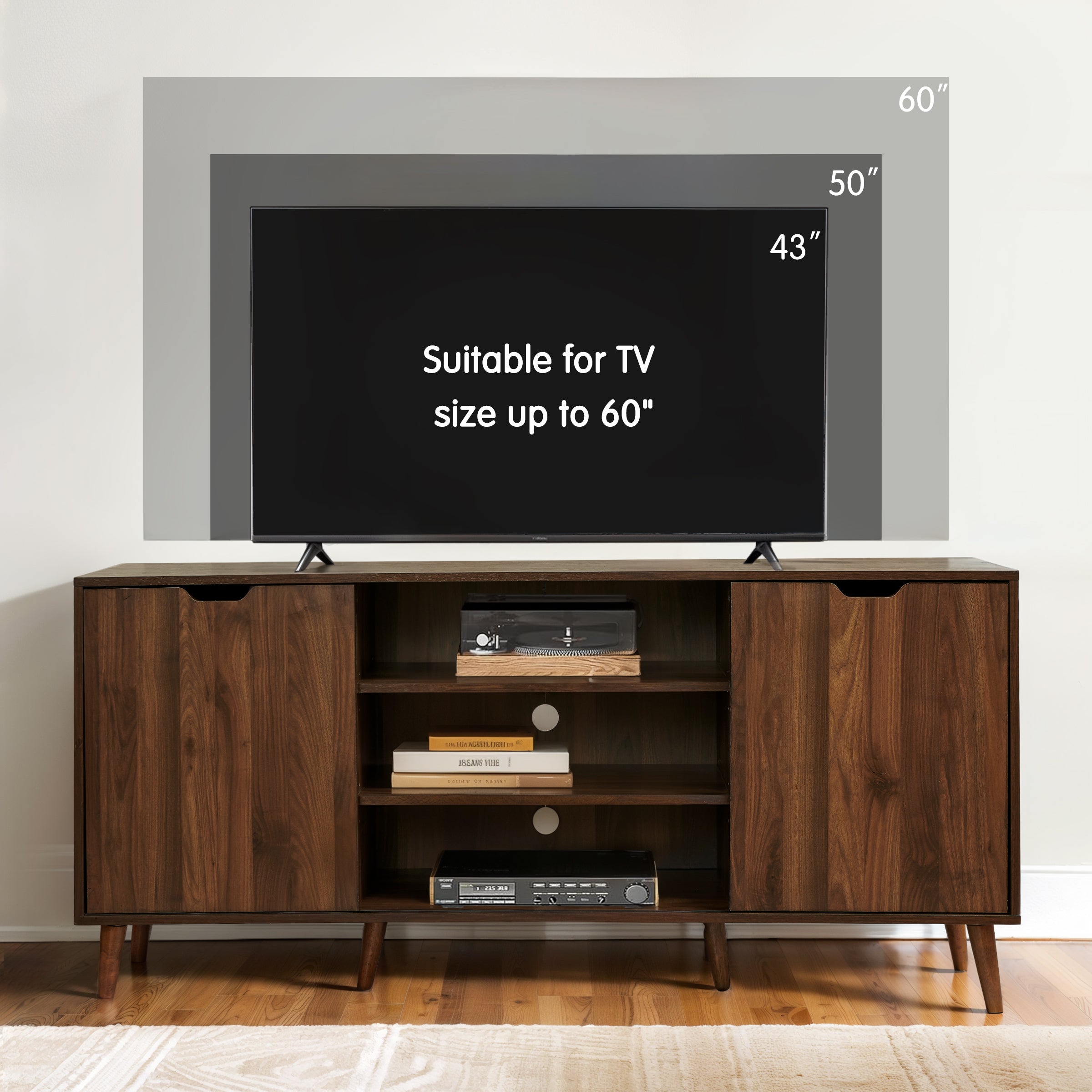 Subrtex 64" Rubberwood TV Stand with Sliding Doors, Adjustable Shelves & Cable Management