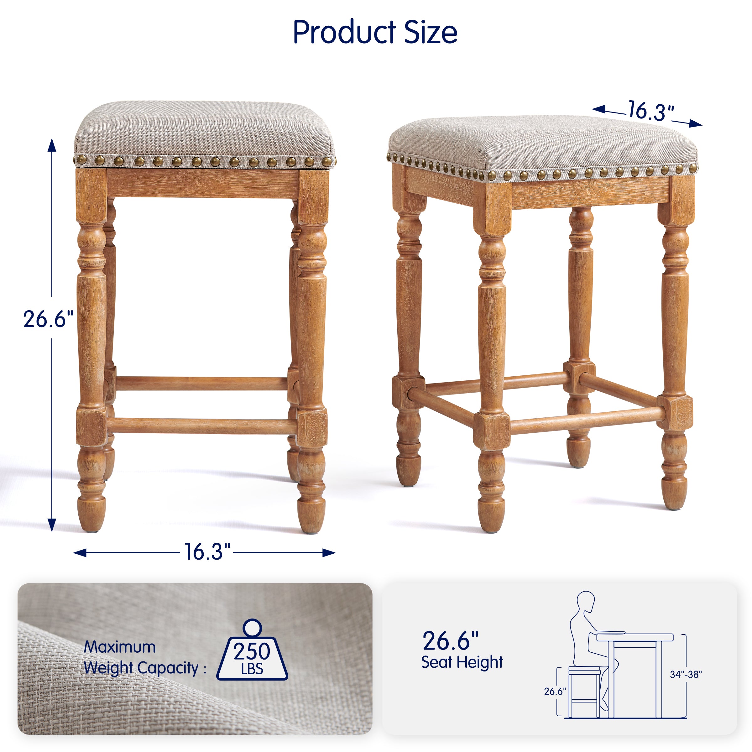 Subrtex 26” Bar Stools Set of 2, Counter Height, Linen Upholstered with Nailhead Trim, Rustic Solid Wood Frame for Kitchen & Home Bar