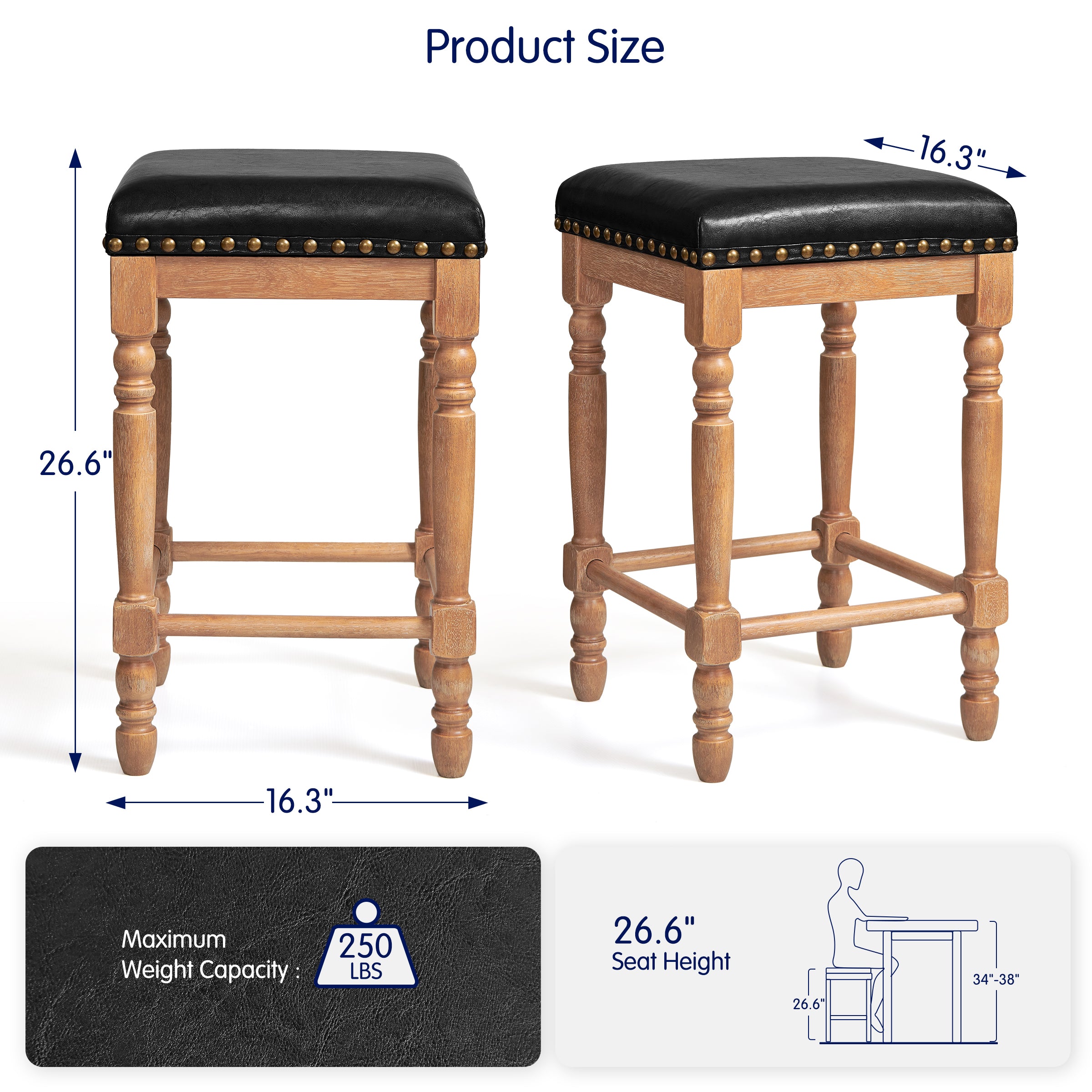 Subrtex 26” Bar Stools Set of 2, Counter Height, Waxed Leather with Nailhead Trim, Mid-Century Rustic Wood Frame for Kitchen Dining Room