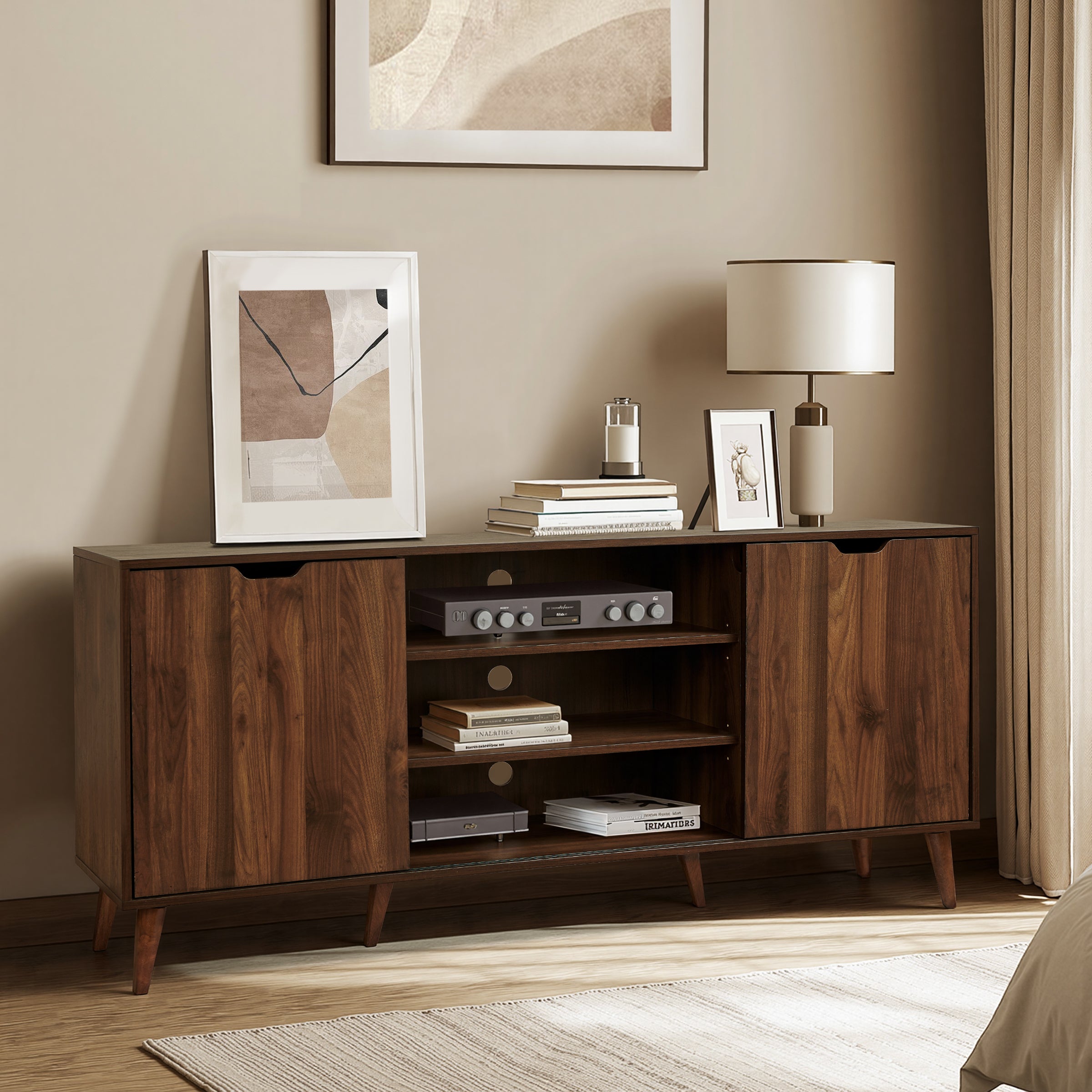 Subrtex 64" Rubberwood TV Stand with Sliding Doors, Adjustable Shelves & Cable Management