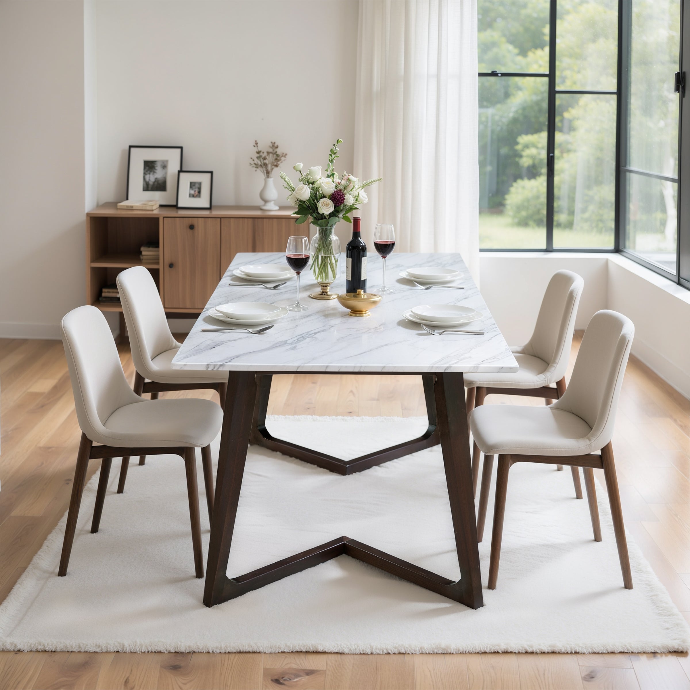 Subrtex Marble Dining Table for 6, Modern Long Kitchen & Dining Room Table with Sturdy Geometric Wood Legs