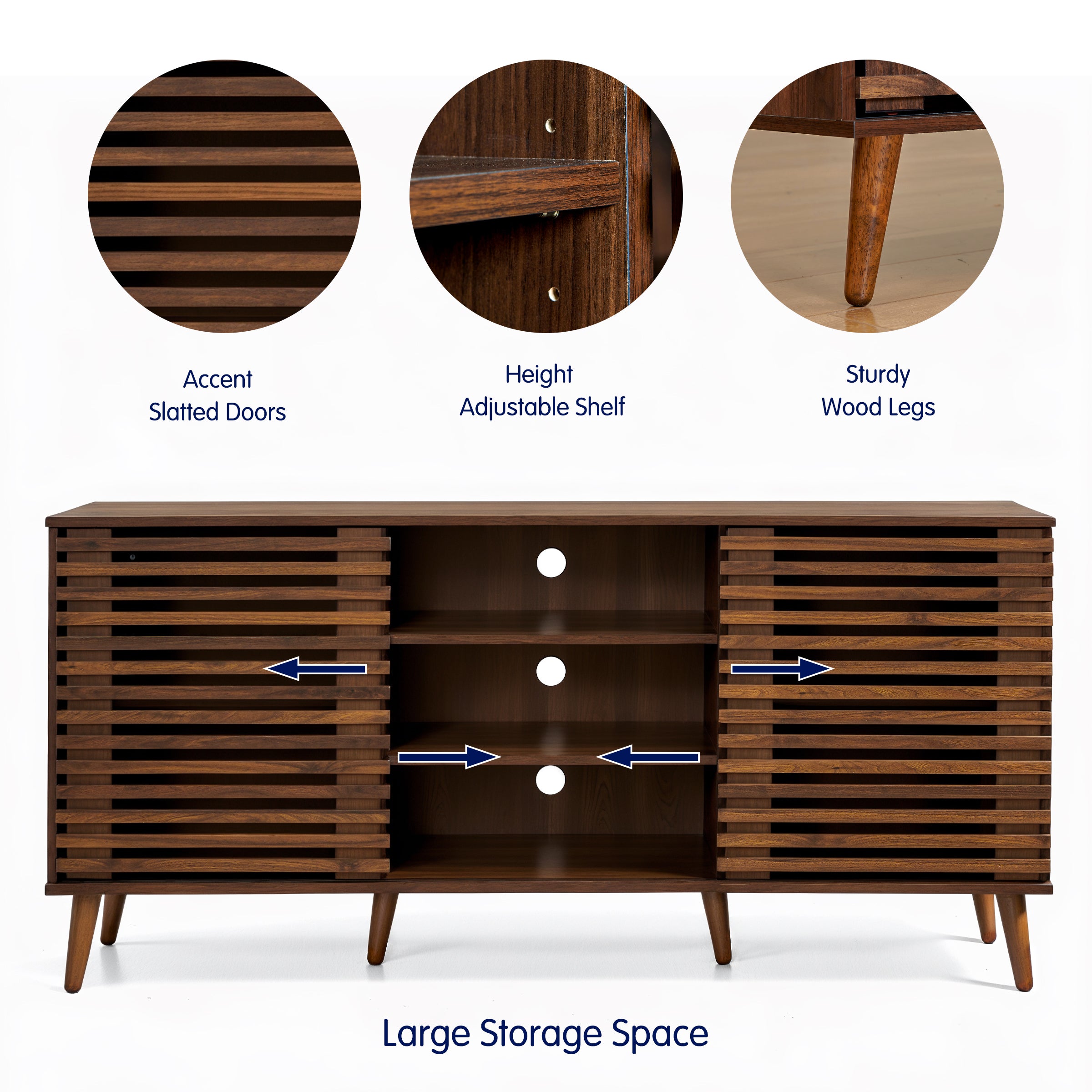 Subrtex 64" Mid-Century Walnut TV Stand with Sliding Slatted Doors