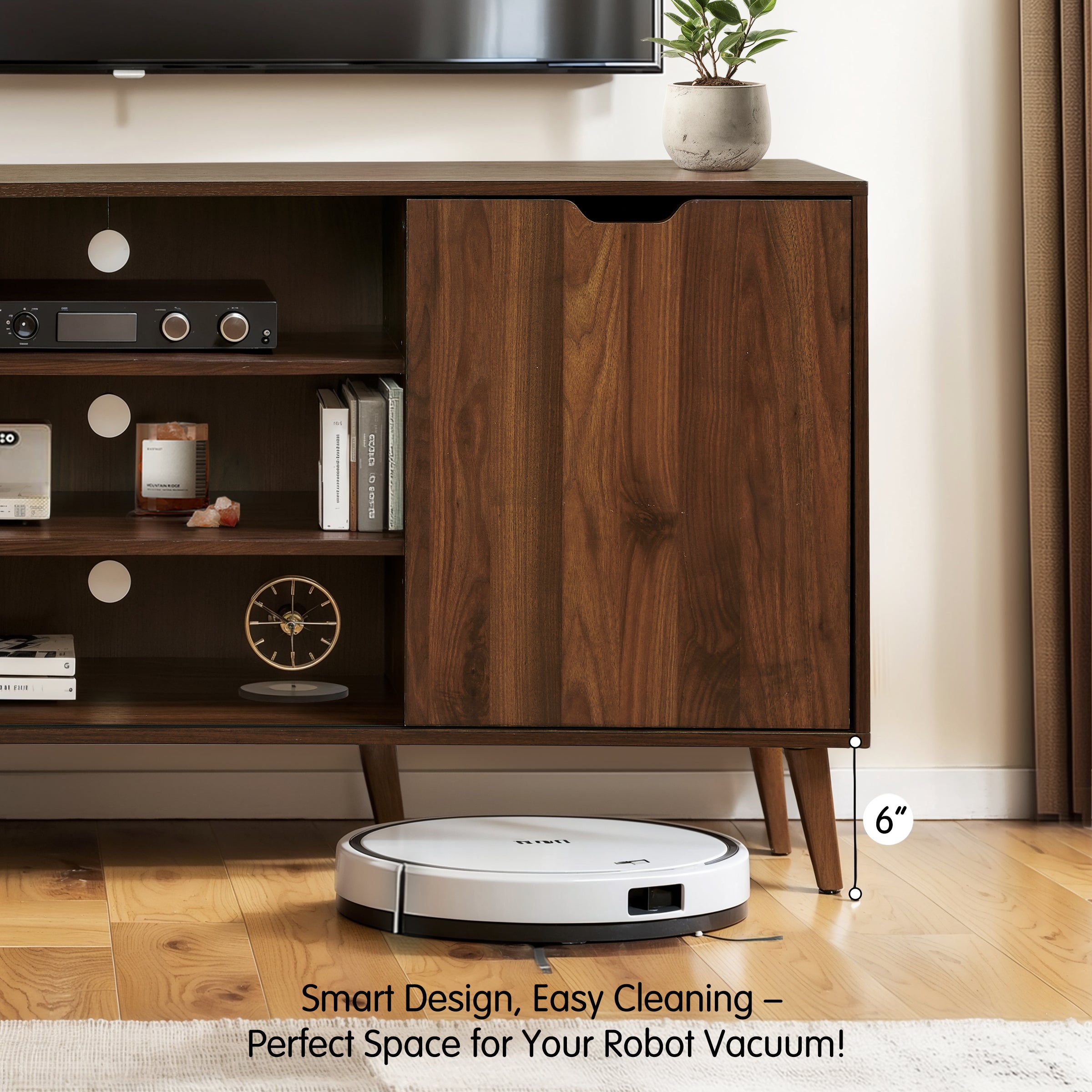 Subrtex 64" Rubberwood TV Stand with Sliding Doors, Adjustable Shelves & Cable Management