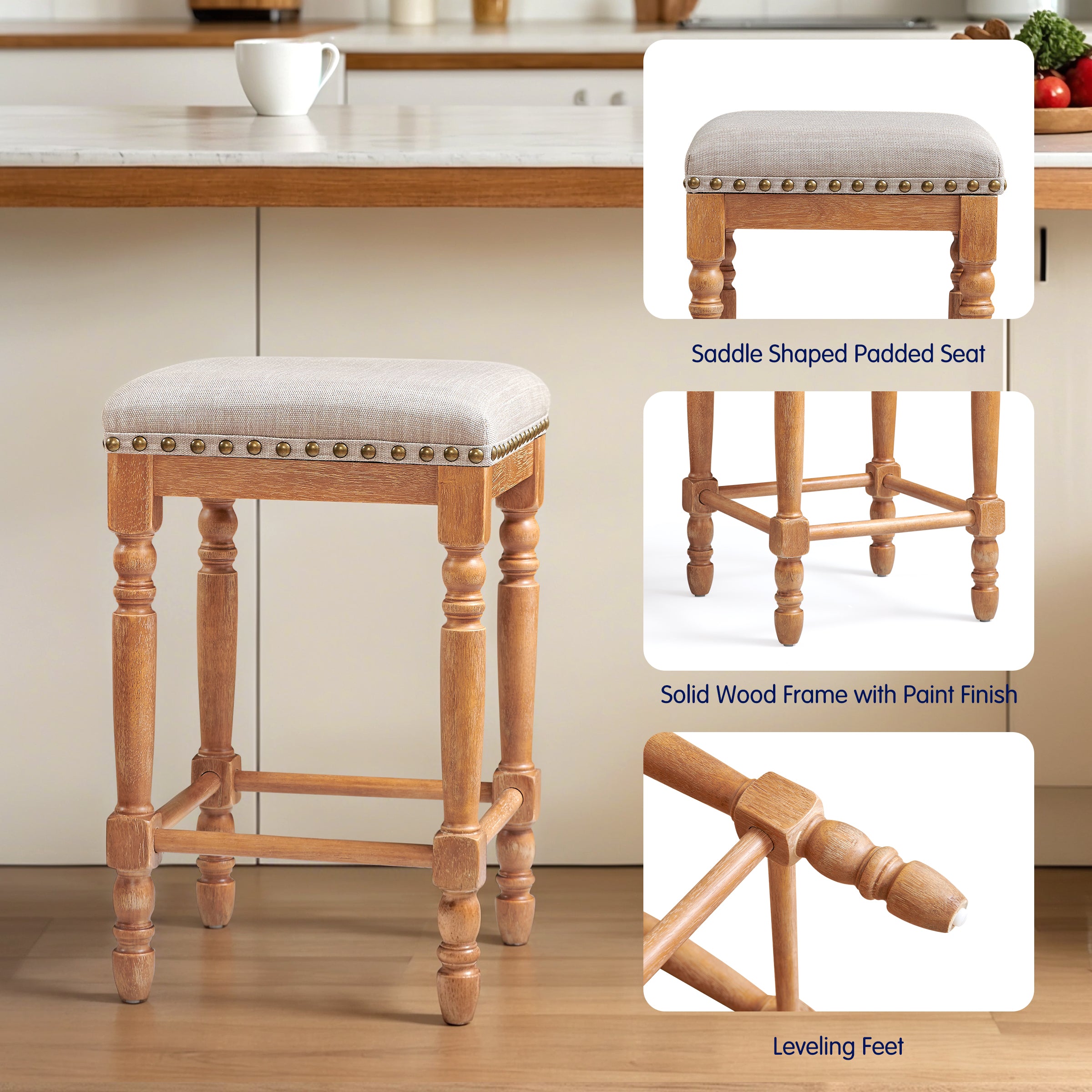 Subrtex 26” Bar Stools Set of 2, Counter Height, Linen Upholstered with Nailhead Trim, Rustic Solid Wood Frame for Kitchen & Home Bar