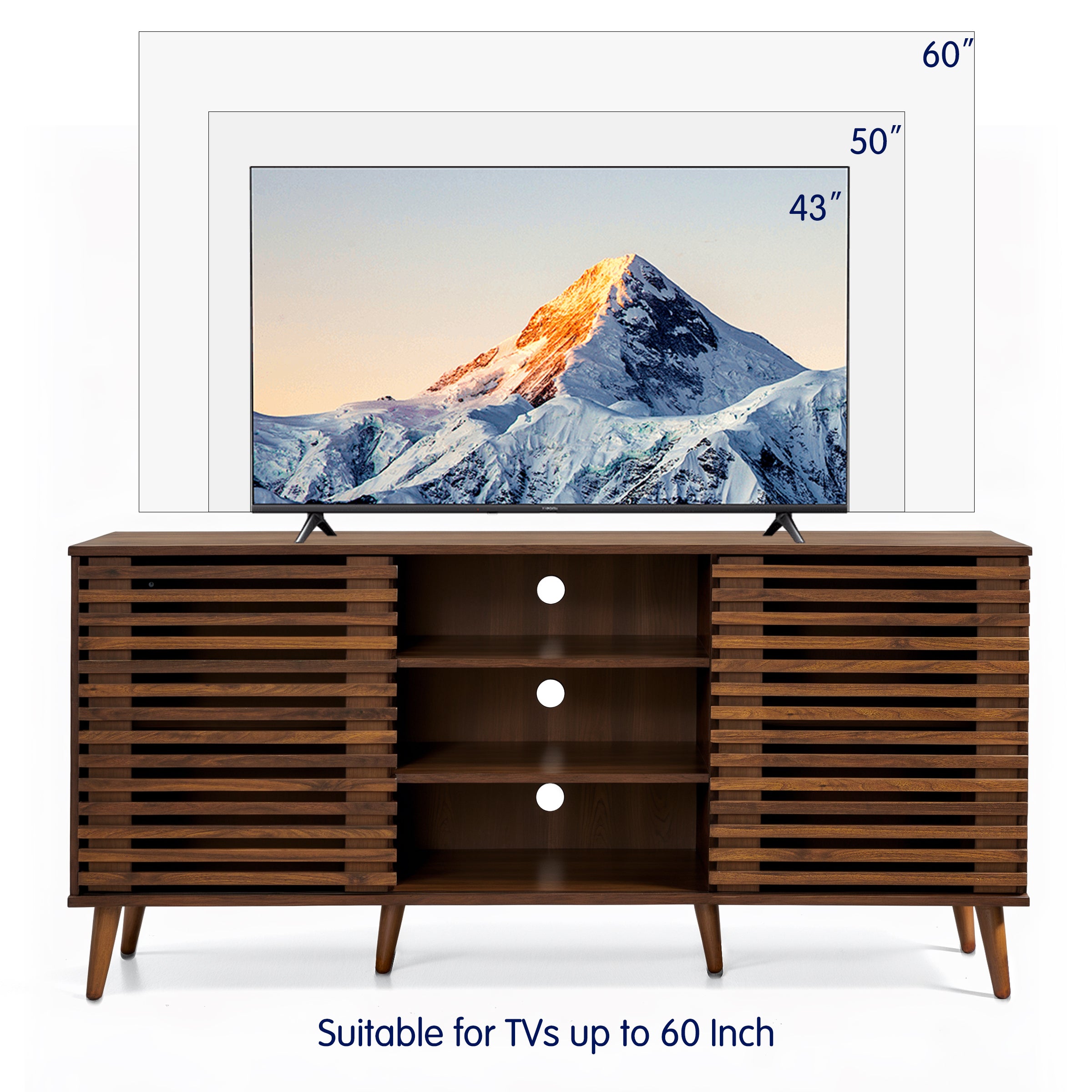 Subrtex 64" Mid-Century Walnut TV Stand with Sliding Slatted Doors
