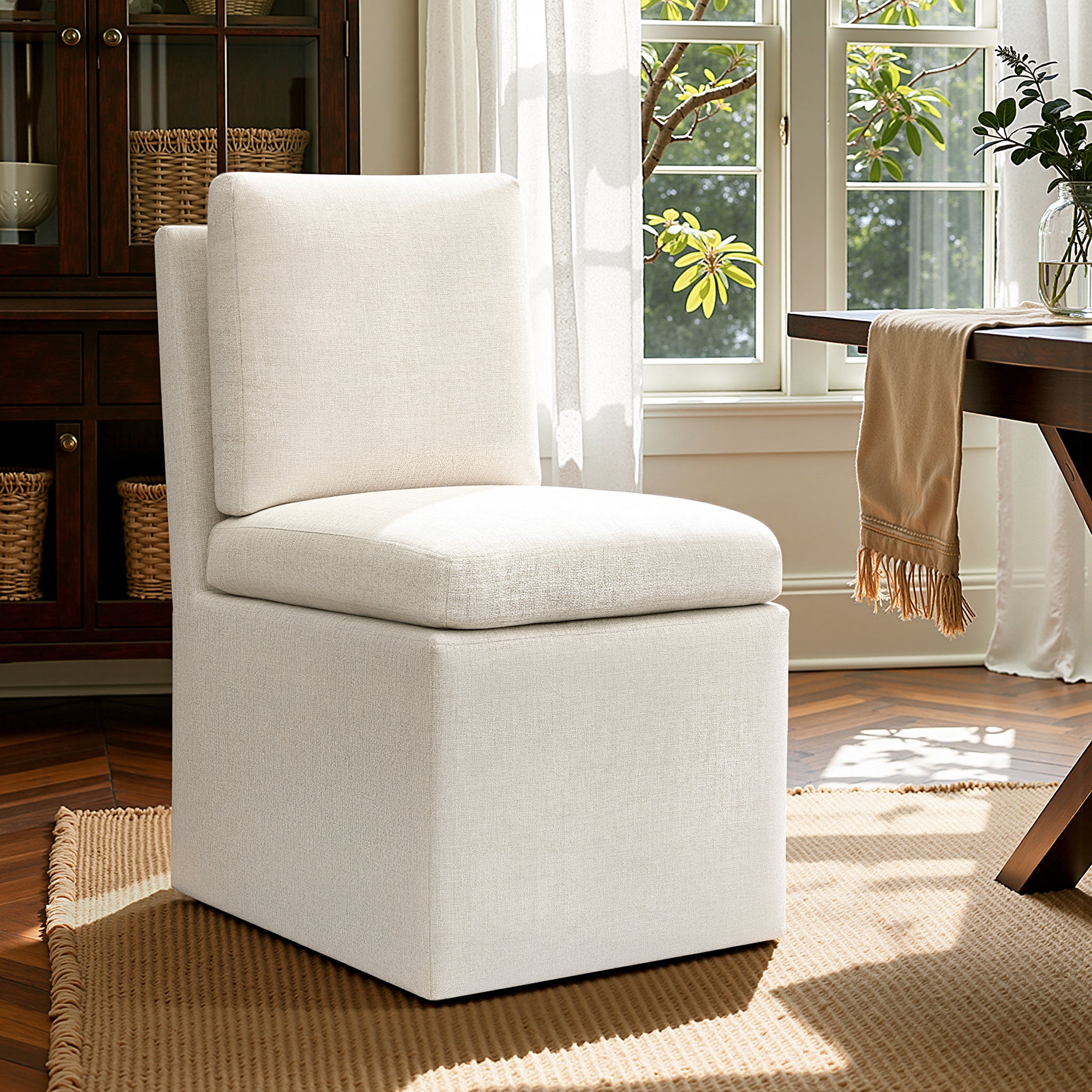 Subrtex Dining Chairs with Casters, Upholstered Dining Room Chairs, Accent Single Sofa Chair, Arrived Assembed, Slient Wheels, Cream/Khaki