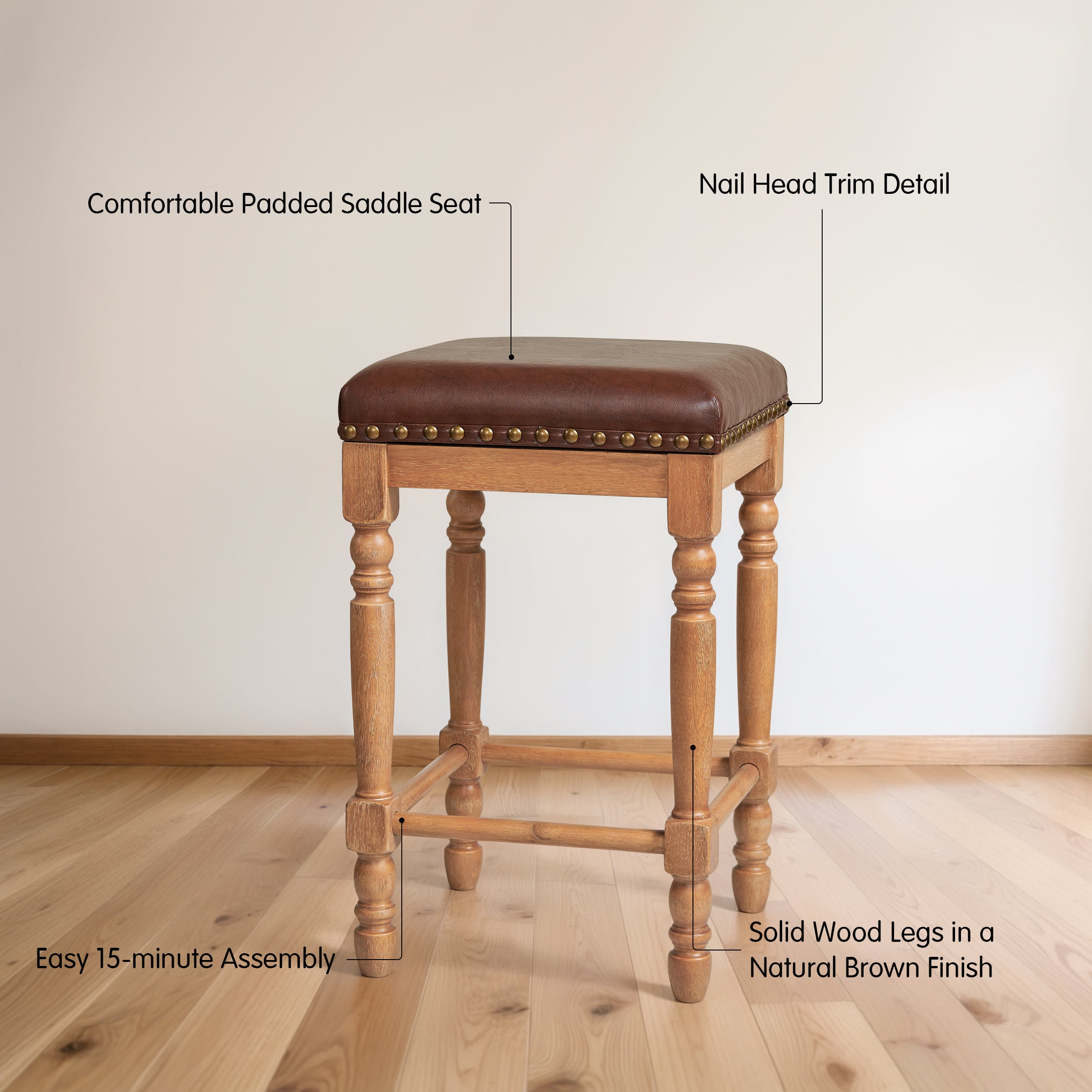 Subrtex 26” Bar Stools Set of 2, Counter Height, Waxed Leather with Nailhead Trim, Mid-Century Rustic Wood Frame for Kitchen Dining Room