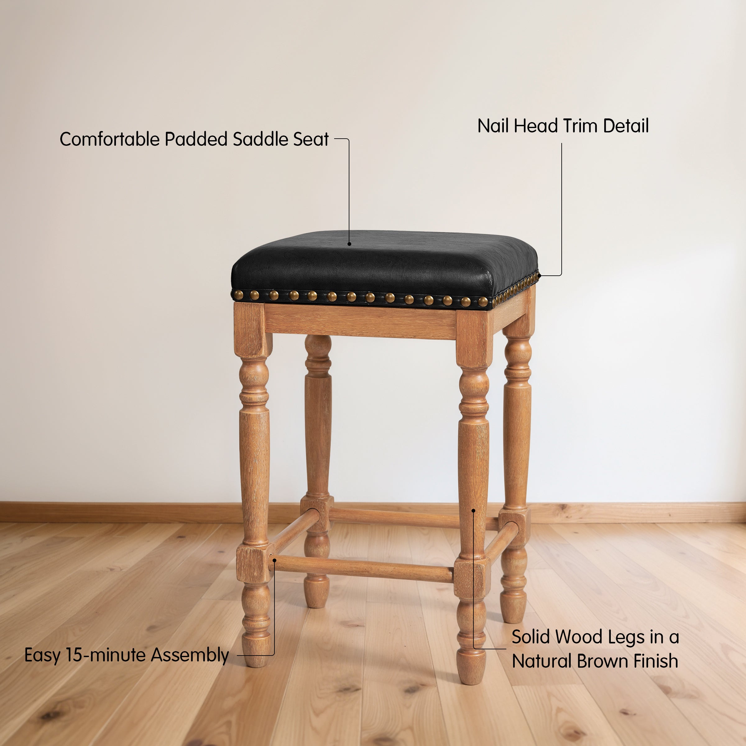 Subrtex 26” Bar Stools Set of 2, Counter Height, Waxed Leather with Nailhead Trim, Mid-Century Rustic Wood Frame for Kitchen Dining Room