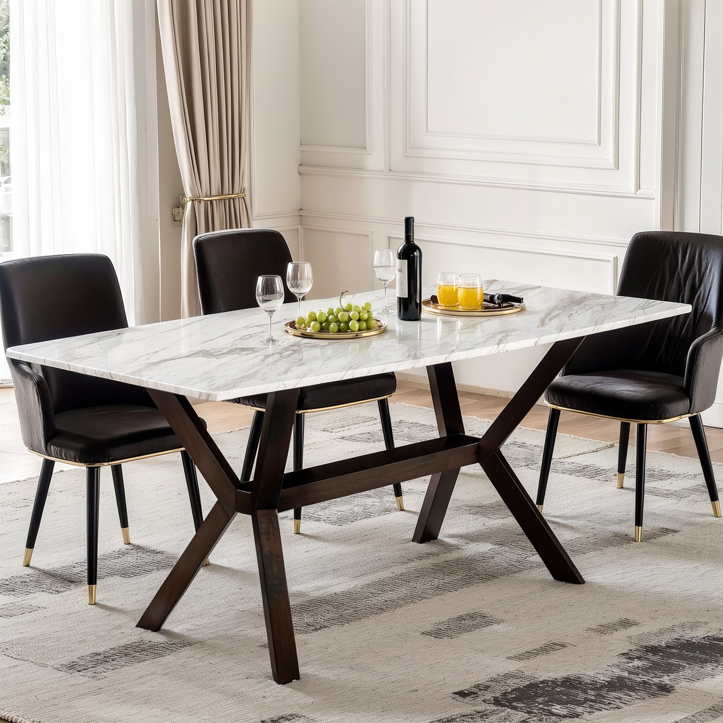 Subrtex Marble Dining Table for 6, Modern Long Kitchen & Dining Room Table with Sturdy X-Shaped Wood Legs