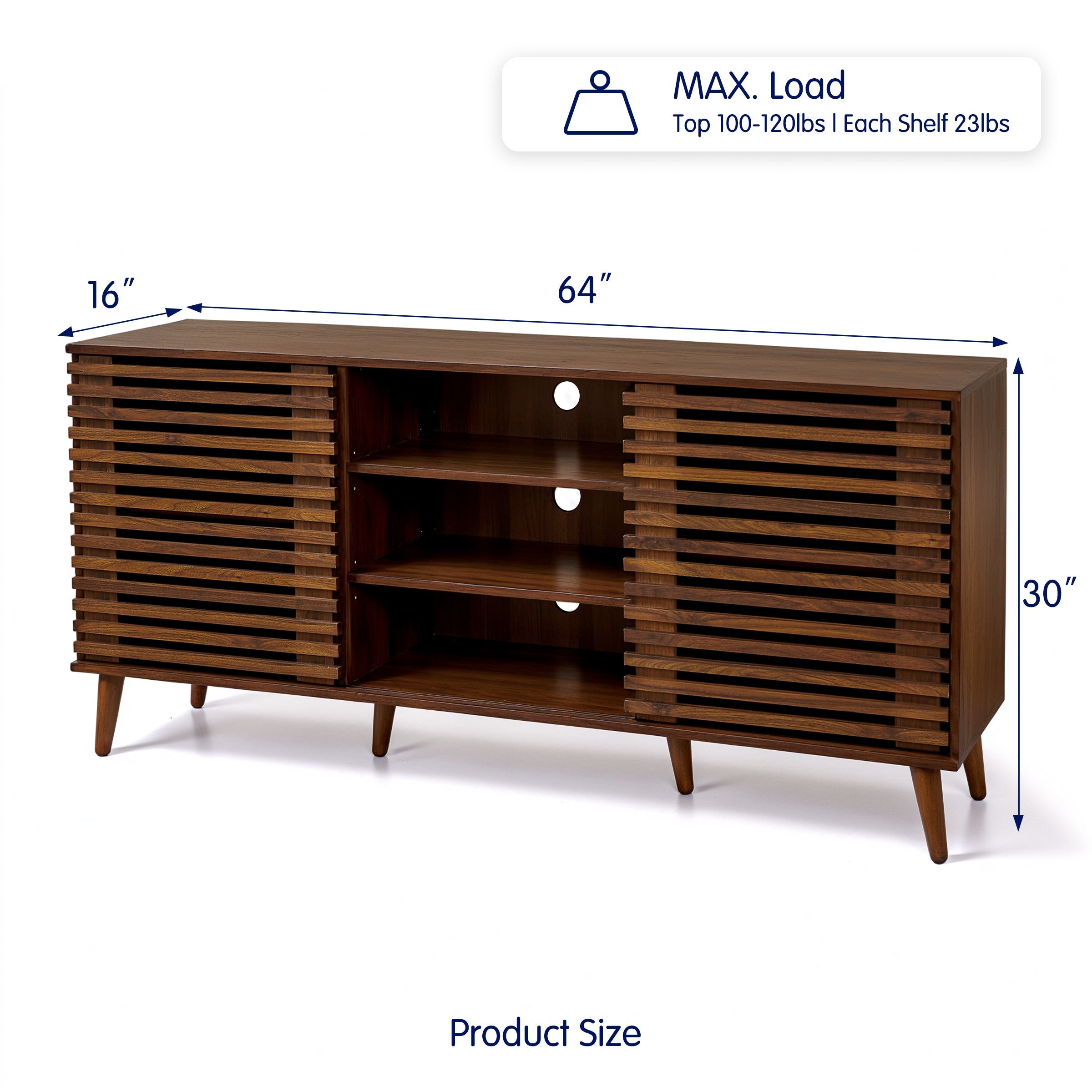Subrtex 64" Mid-Century Walnut TV Stand with Sliding Slatted Doors