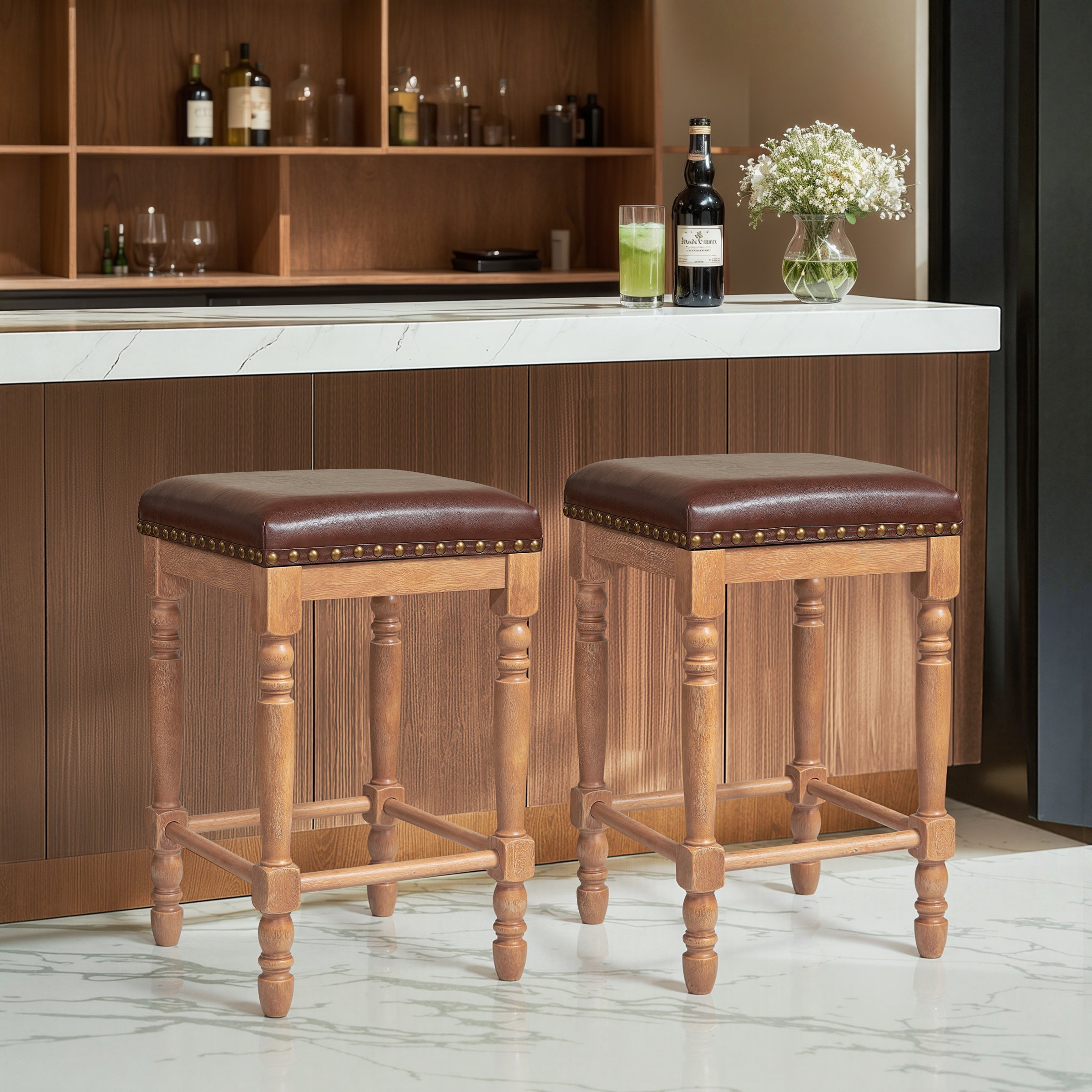 Subrtex 26” Bar Stools Set of 2, Counter Height, Waxed Leather with Nailhead Trim, Mid-Century Rustic Wood Frame for Kitchen Dining Room