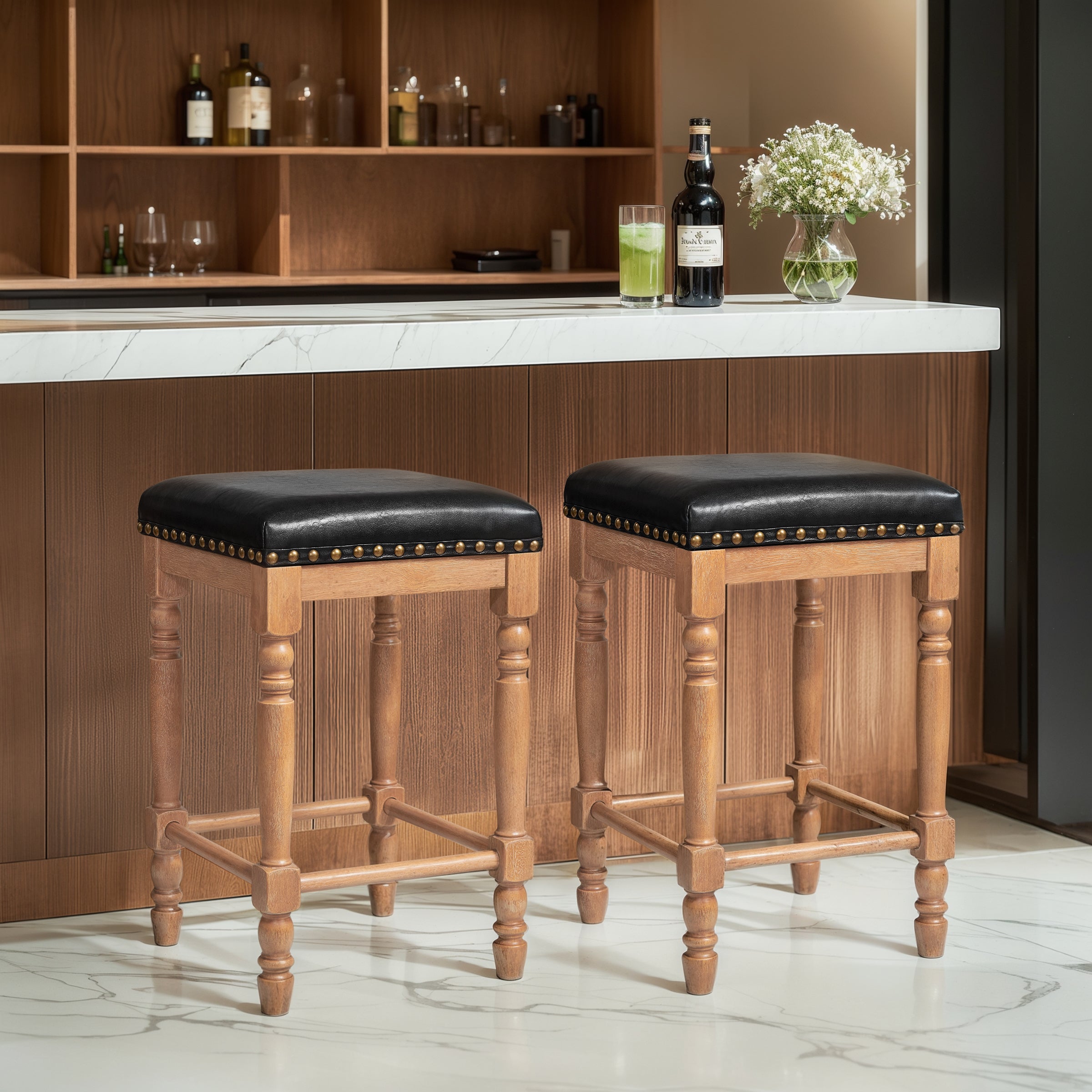 Subrtex 26” Bar Stools Set of 2, Counter Height, Waxed Leather with Nailhead Trim, Mid-Century Rustic Wood Frame for Kitchen Dining Room