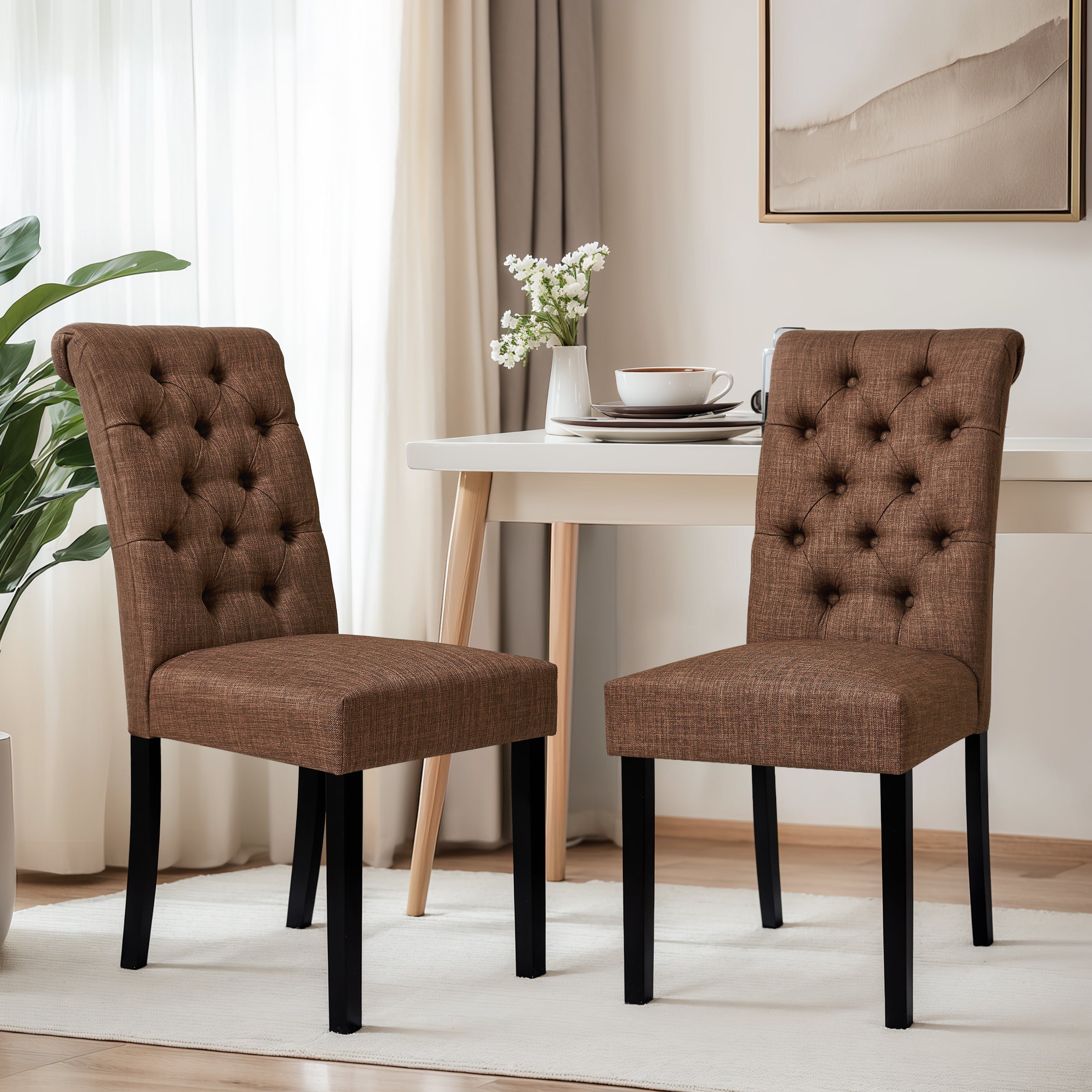 Subrtex Button-Tufted Linen Parsons Dining Chairs, Set of 2