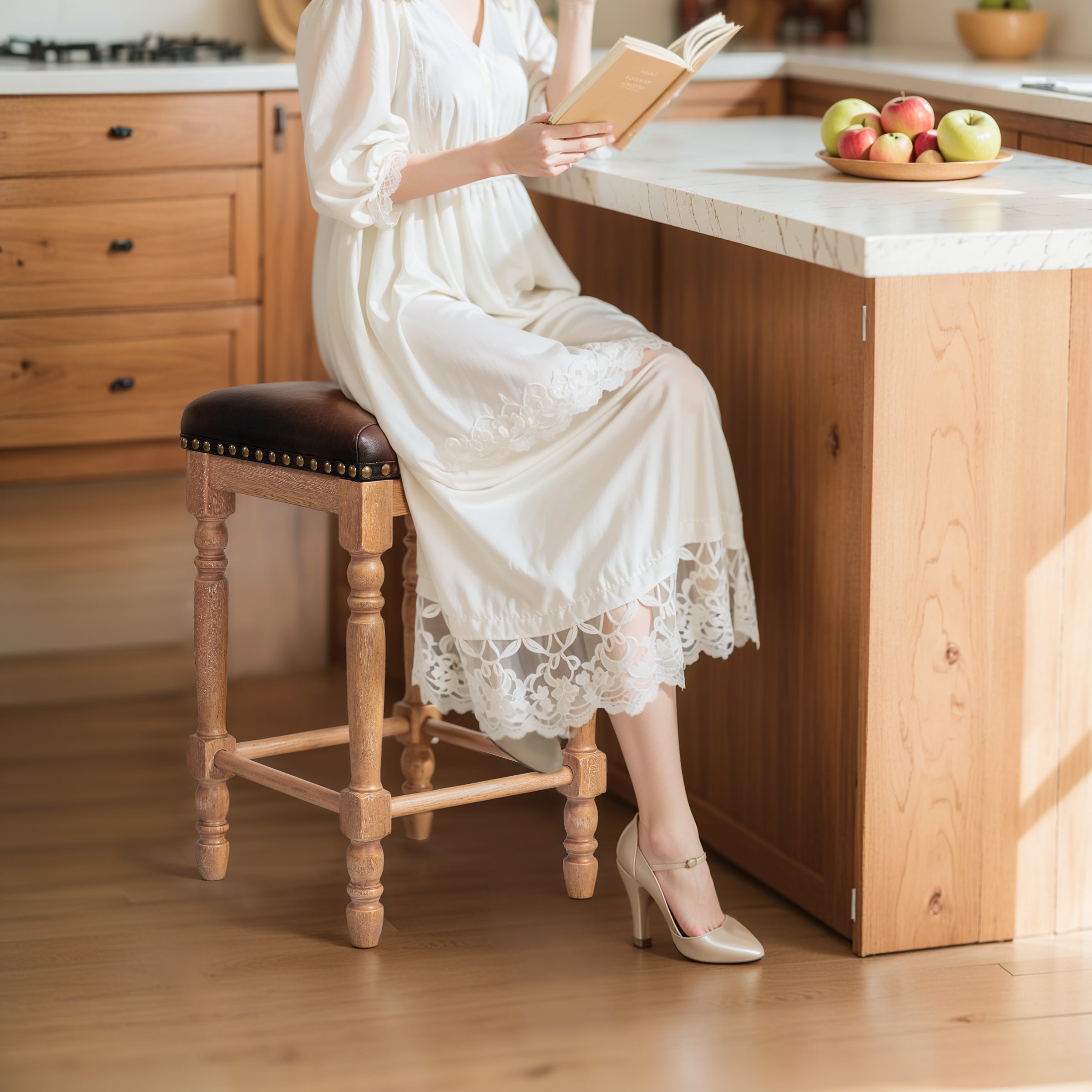 Subrtex 26” Bar Stools Set of 2, Counter Height, Waxed Leather with Nailhead Trim, Mid-Century Rustic Wood Frame for Kitchen Dining Room
