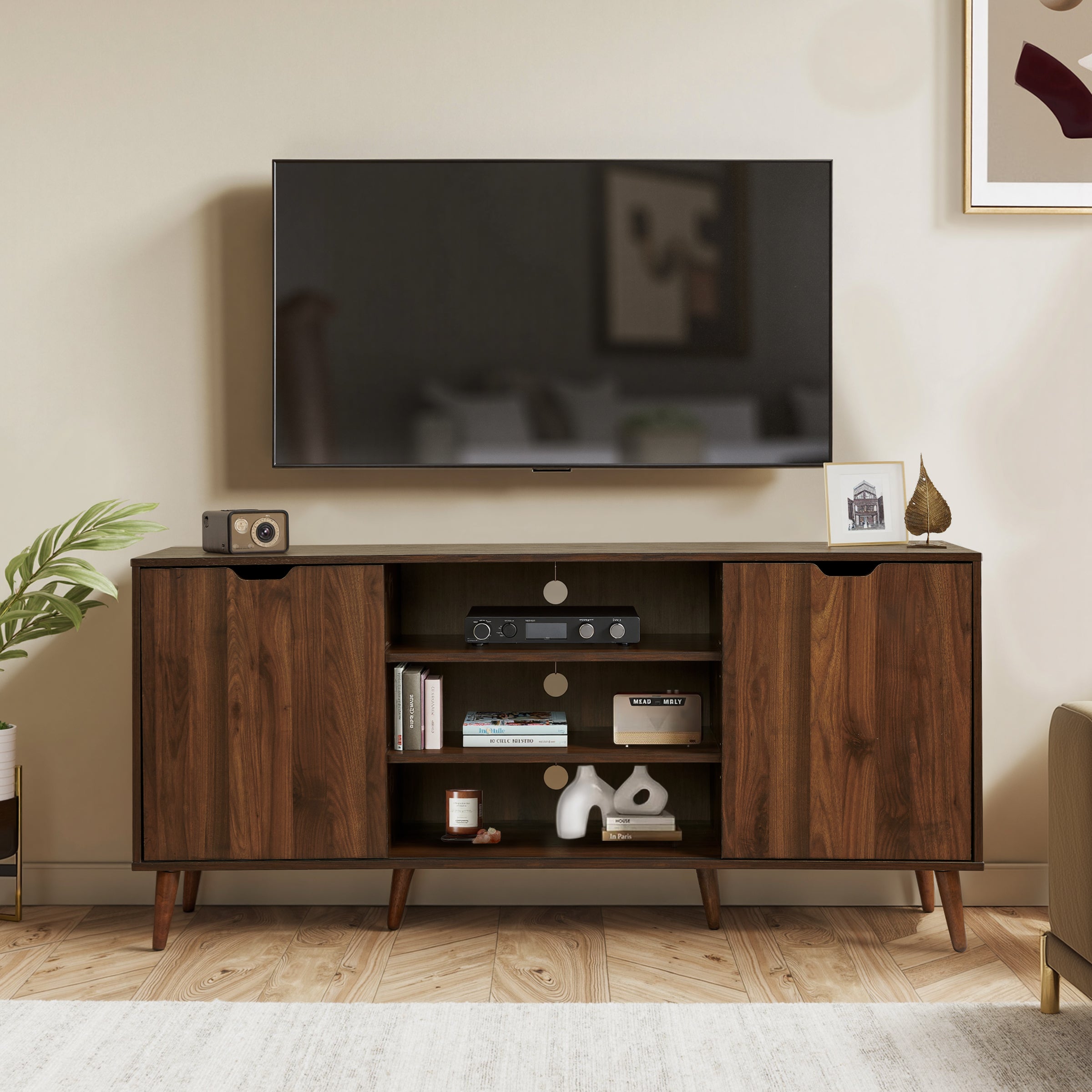 Subrtex 64" Rubberwood TV Stand with Sliding Doors, Adjustable Shelves & Cable Management