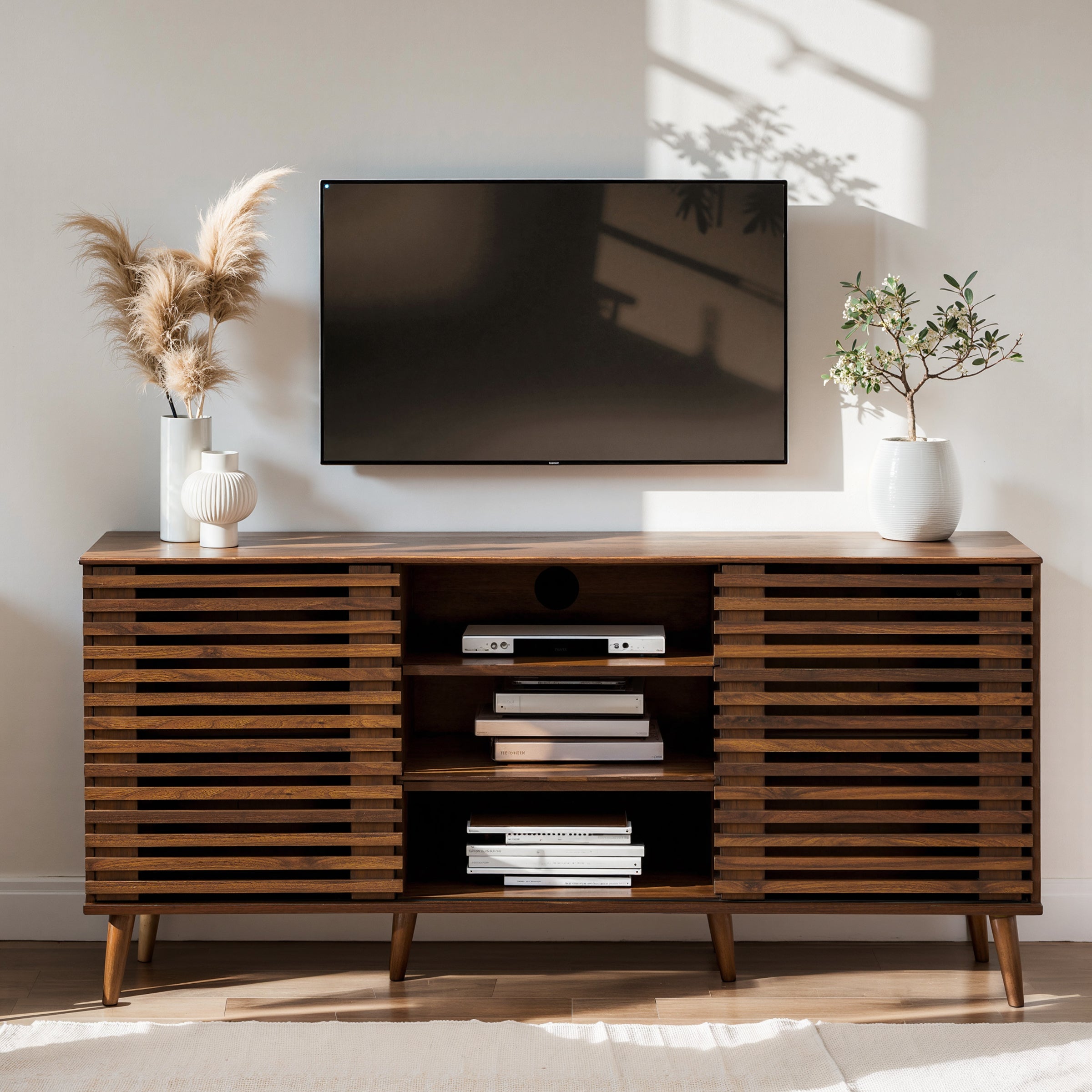 Subrtex 64" Mid-Century Walnut TV Stand with Sliding Slatted Doors