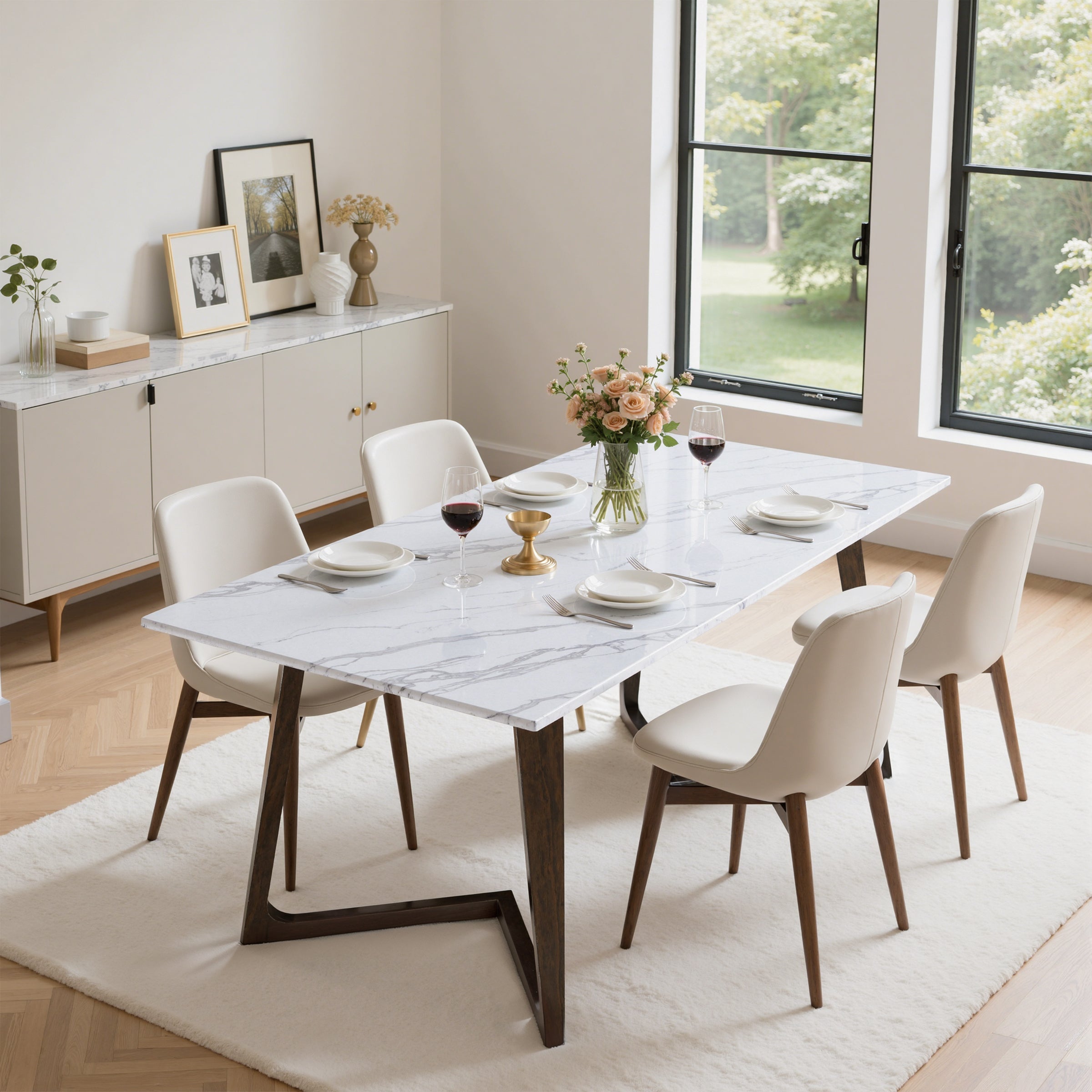 Subrtex Marble Dining Table for 6, Modern Long Kitchen & Dining Room Table with Sturdy Geometric Wood Legs