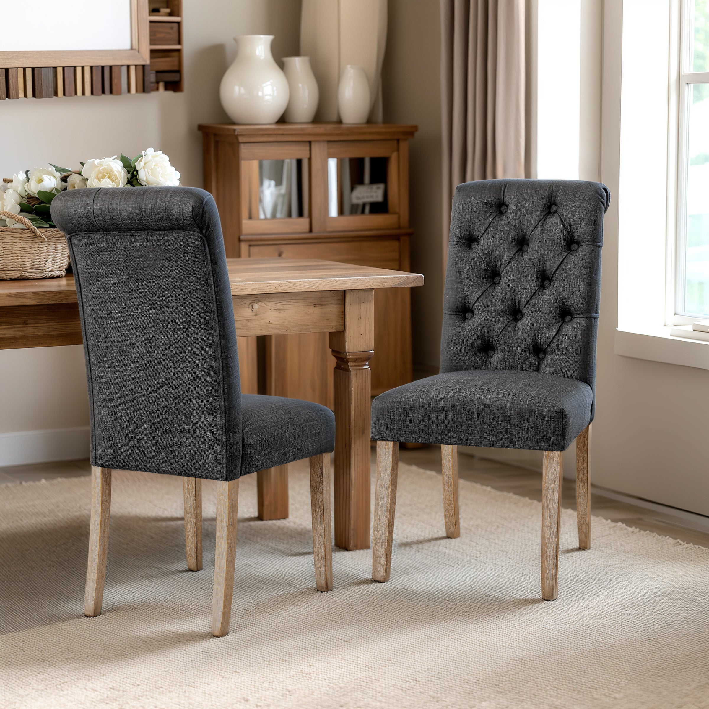 Subrtex Button-Tufted Linen Parsons Dining Chairs, Set of 2