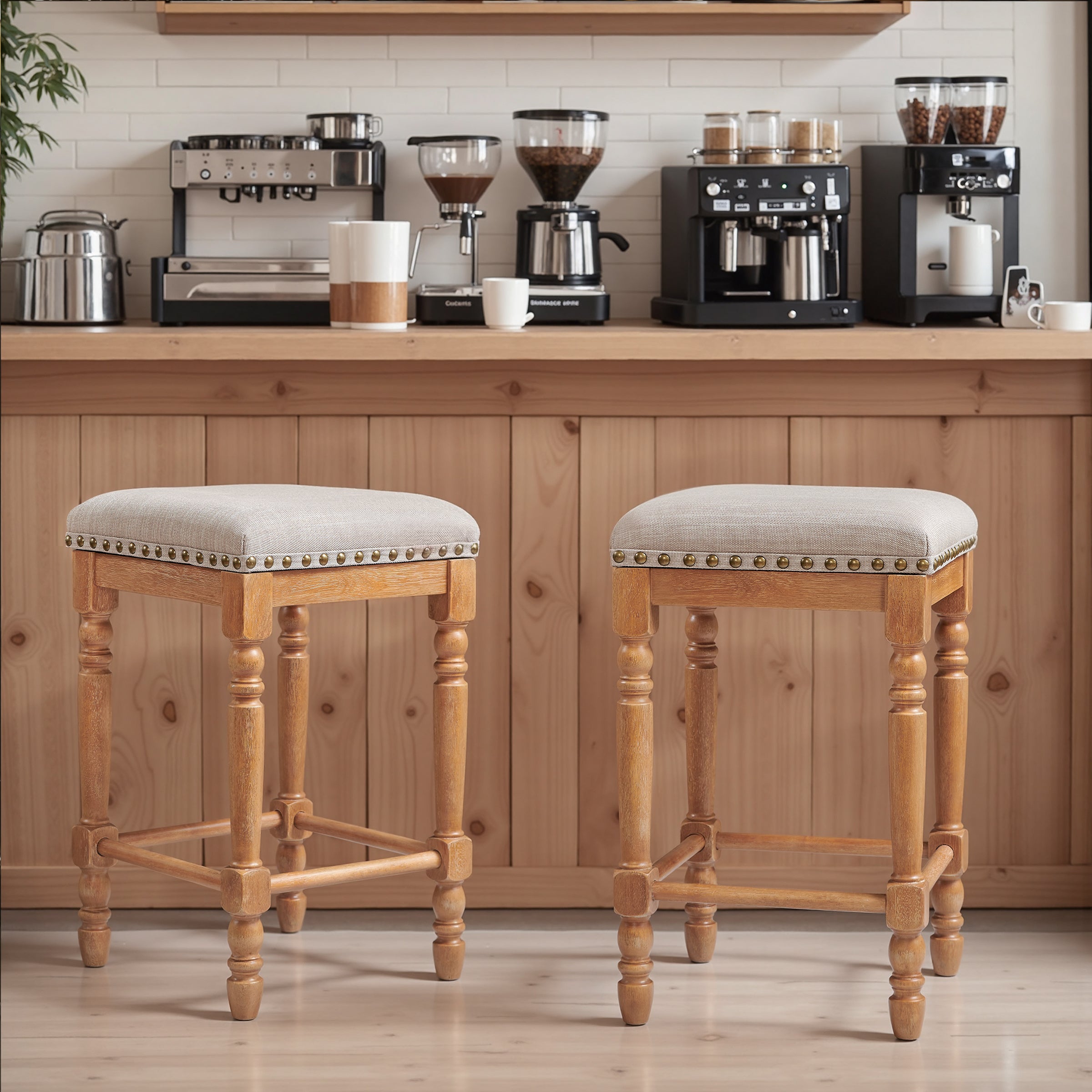 Subrtex 26” Bar Stools Set of 2, Counter Height, Linen Upholstered with Nailhead Trim, Rustic Solid Wood Frame for Kitchen & Home Bar