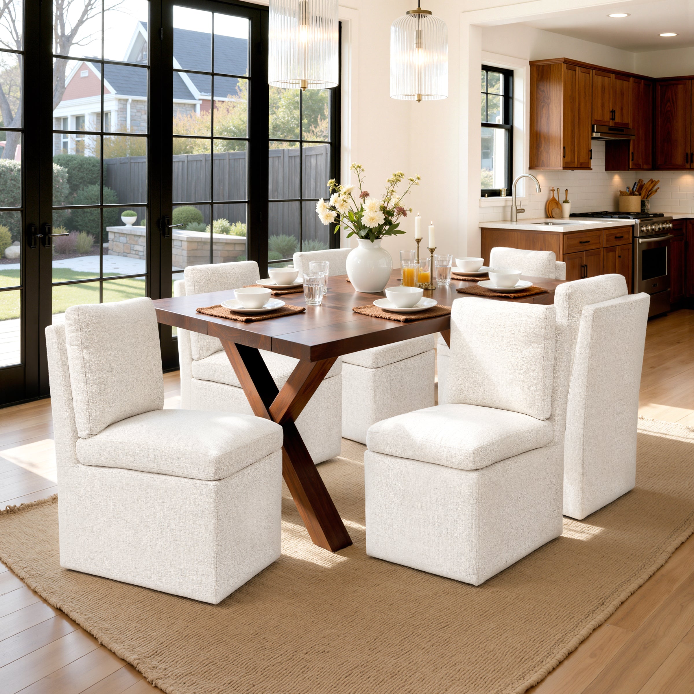 Subrtex Dining Chairs with Casters, Upholstered Dining Room Chairs, Accent Single Sofa Chair, Arrived Assembed, Slient Wheels, Cream/Khaki