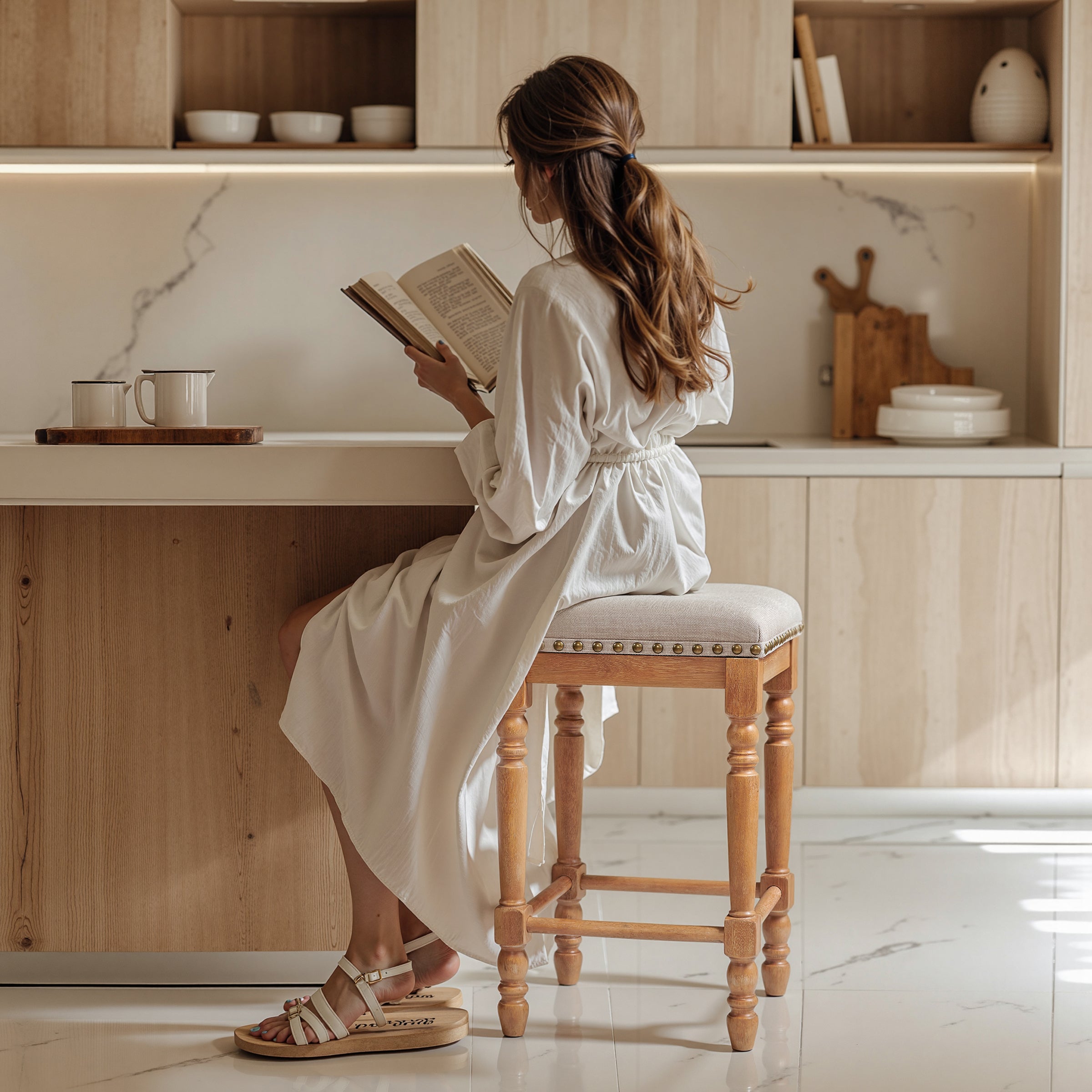 Subrtex 26” Bar Stools Set of 2, Counter Height, Linen Upholstered with Nailhead Trim, Rustic Solid Wood Frame for Kitchen & Home Bar