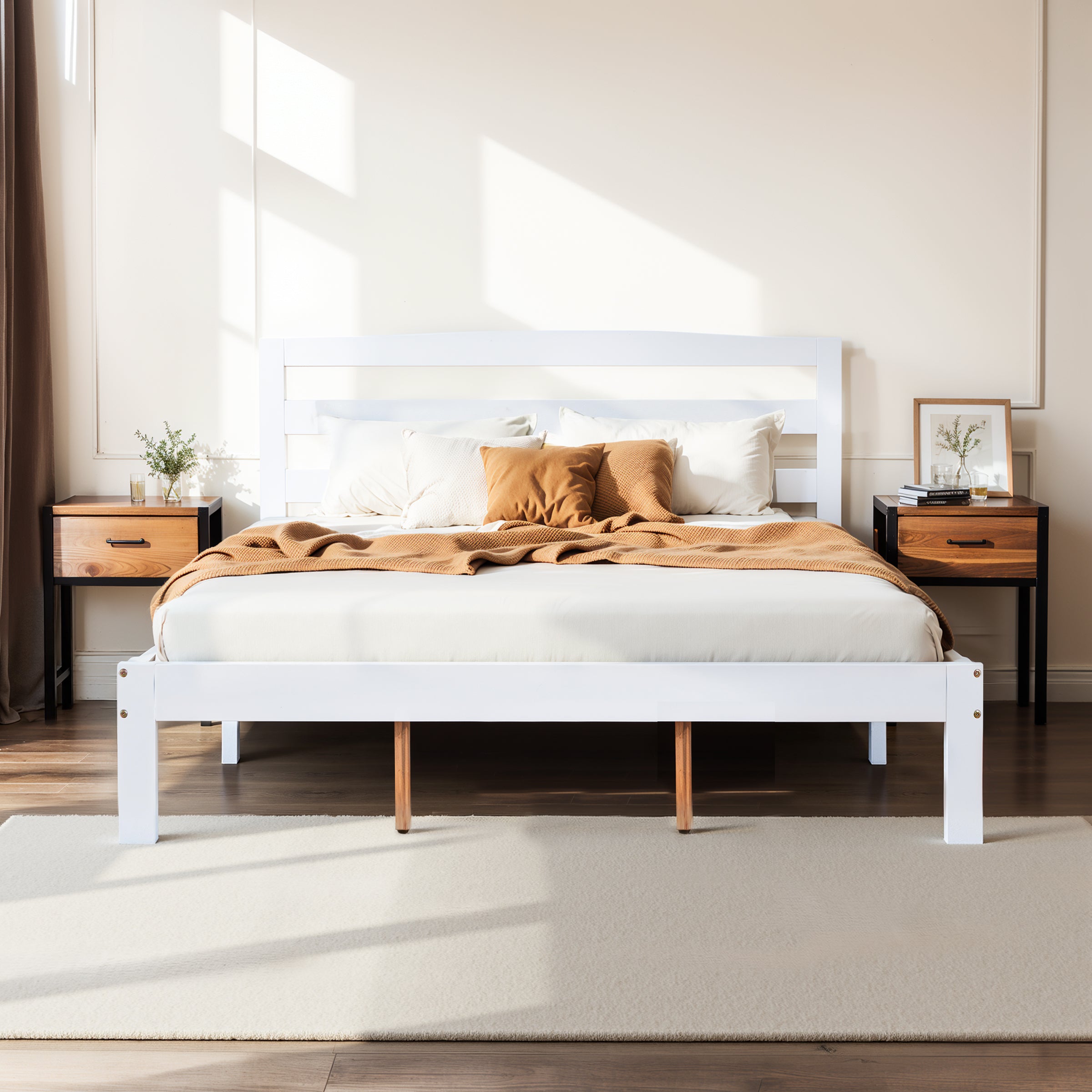 Subrtex 12" Minimalist Solid Wooden Platform Backrest Bed Frame with Headboard