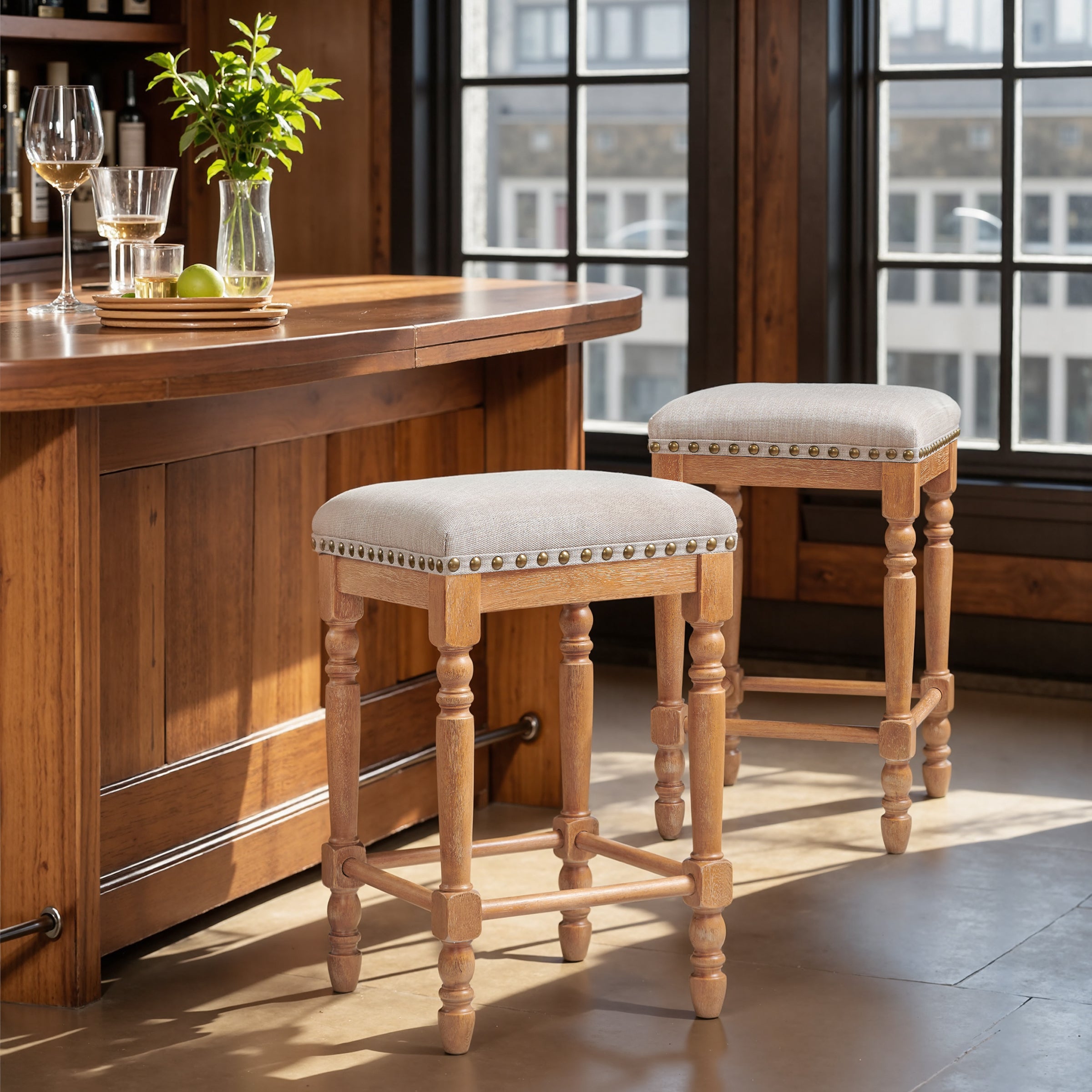 Subrtex 26” Bar Stools Set of 2, Counter Height, Linen Upholstered with Nailhead Trim, Rustic Solid Wood Frame for Kitchen & Home Bar
