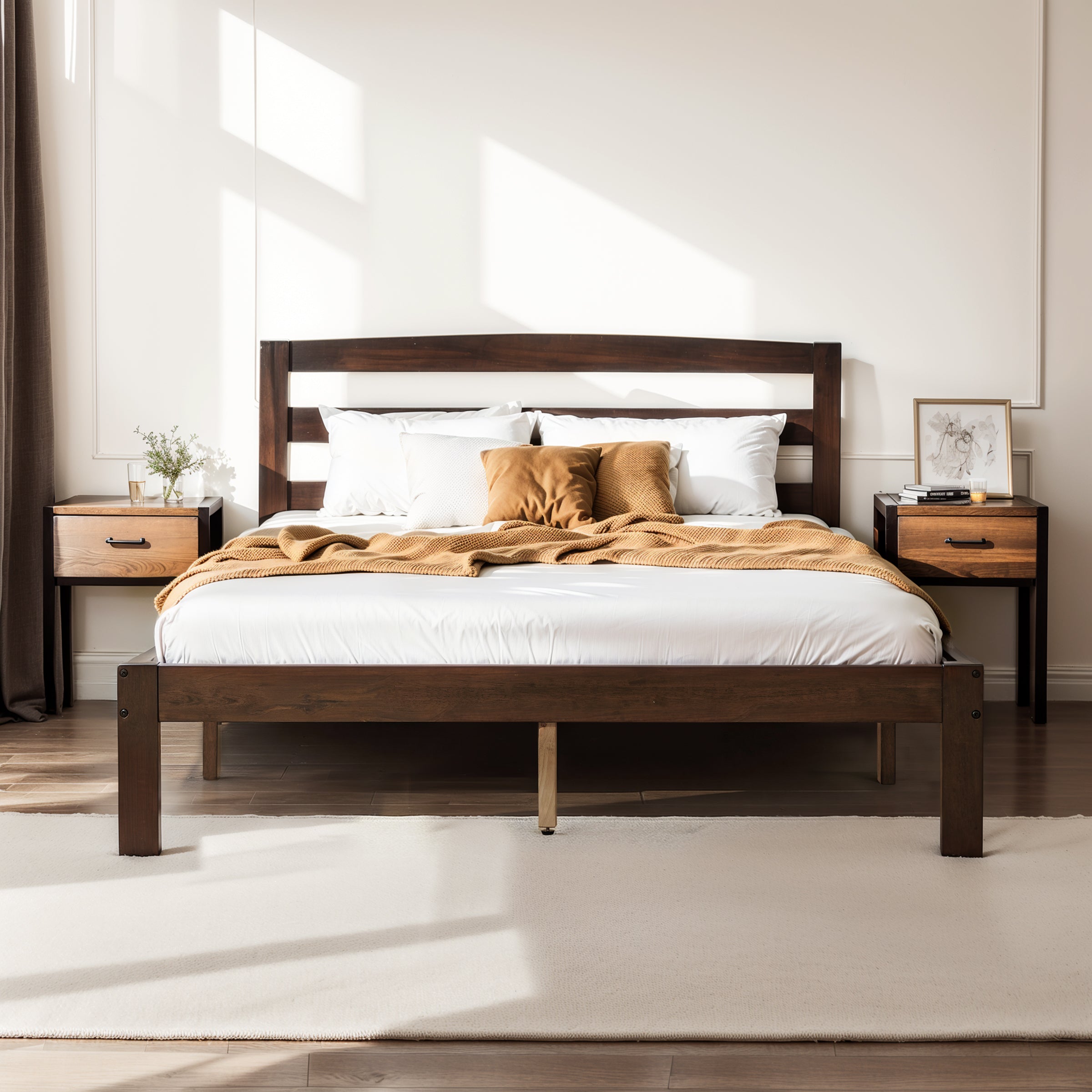 Subrtex 12" Minimalist Solid Wooden Platform Backrest Bed Frame with Headboard