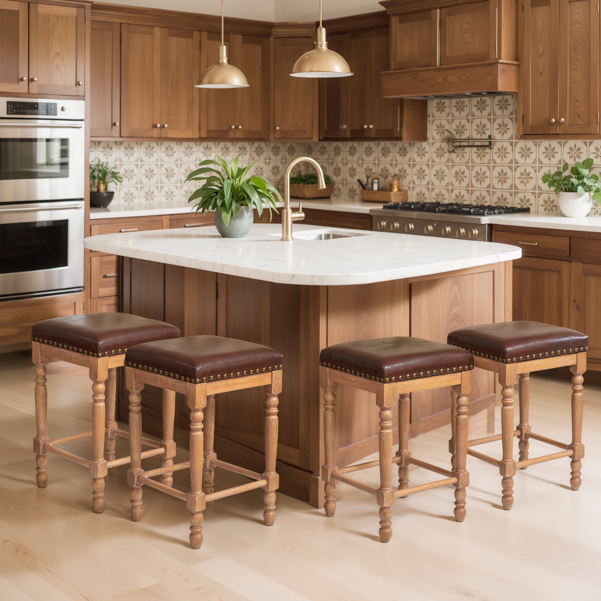 Subrtex 26” Bar Stools Set of 2, Counter Height, Waxed Leather with Nailhead Trim, Mid-Century Rustic Wood Frame for Kitchen Dining Room