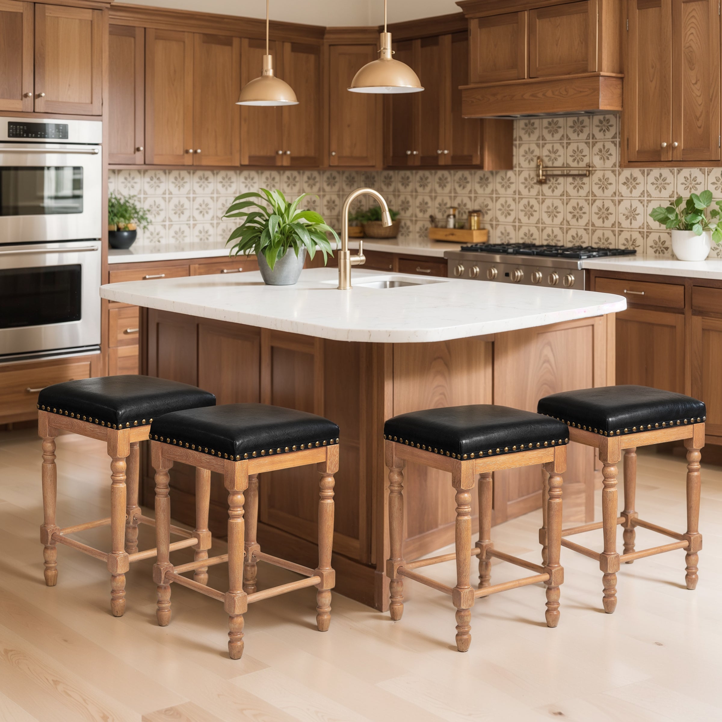 Subrtex 26” Bar Stools Set of 2, Counter Height, Waxed Leather with Nailhead Trim, Mid-Century Rustic Wood Frame for Kitchen Dining Room