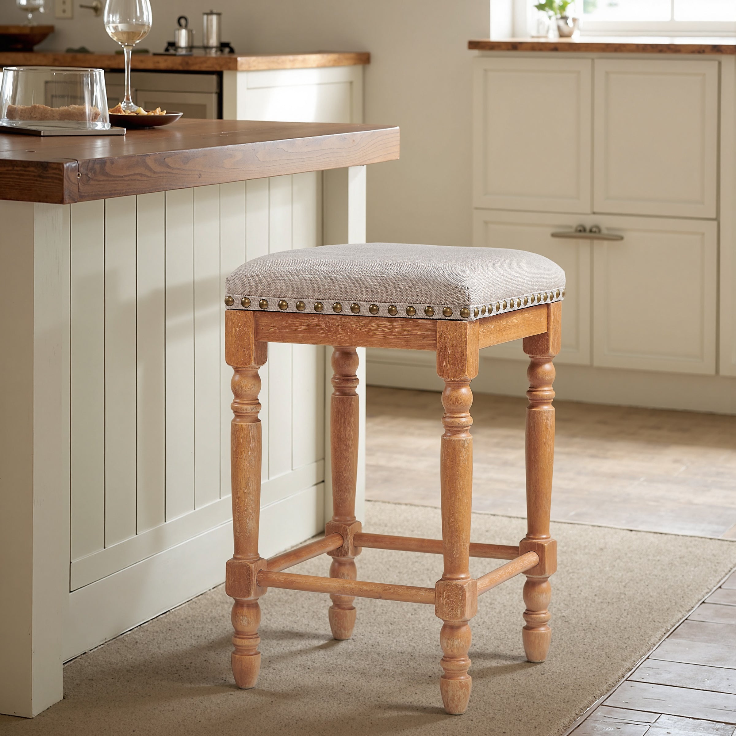 Subrtex 26” Bar Stools Set of 2, Counter Height, Linen Upholstered with Nailhead Trim, Rustic Solid Wood Frame for Kitchen & Home Bar