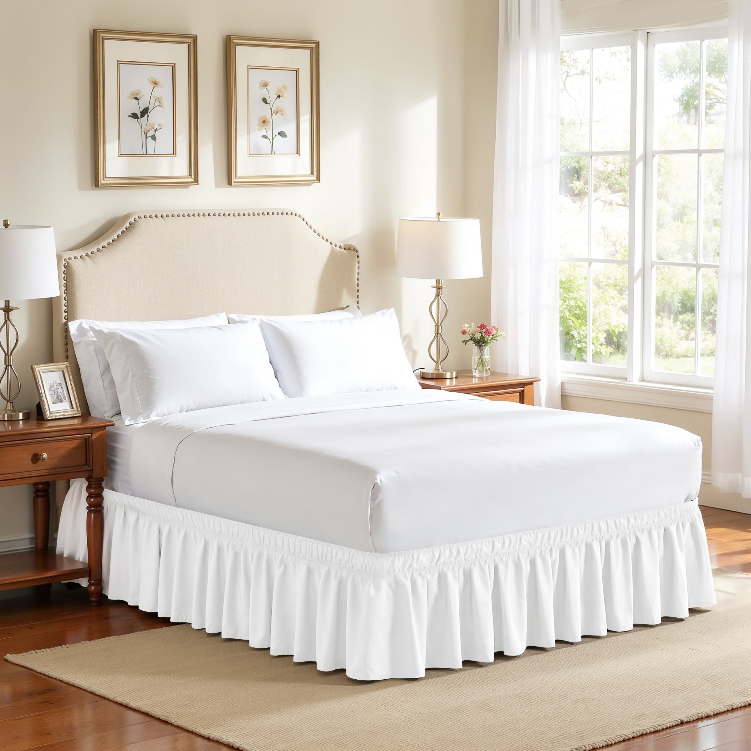 Subrtex Elastic Wrap Around Bed Skirt Dust Ruffle Smooth Soft Bed Frame Cover 15-inch Drop (Queen, Sand)