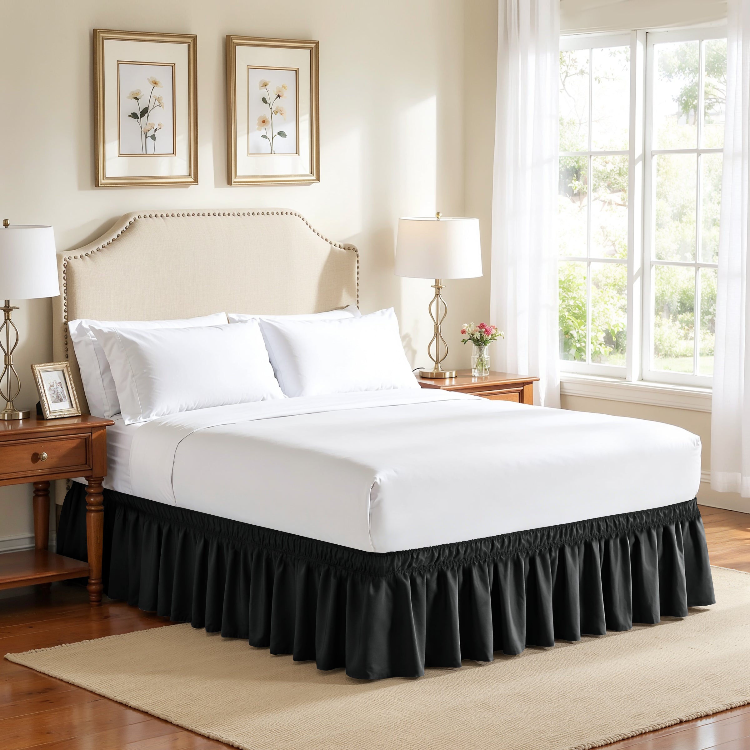 Subrtex Elastic Wrap Around Bed Skirt Dust Ruffle Smooth Soft Bed Frame Cover 15-inch Drop (Queen, Sand)