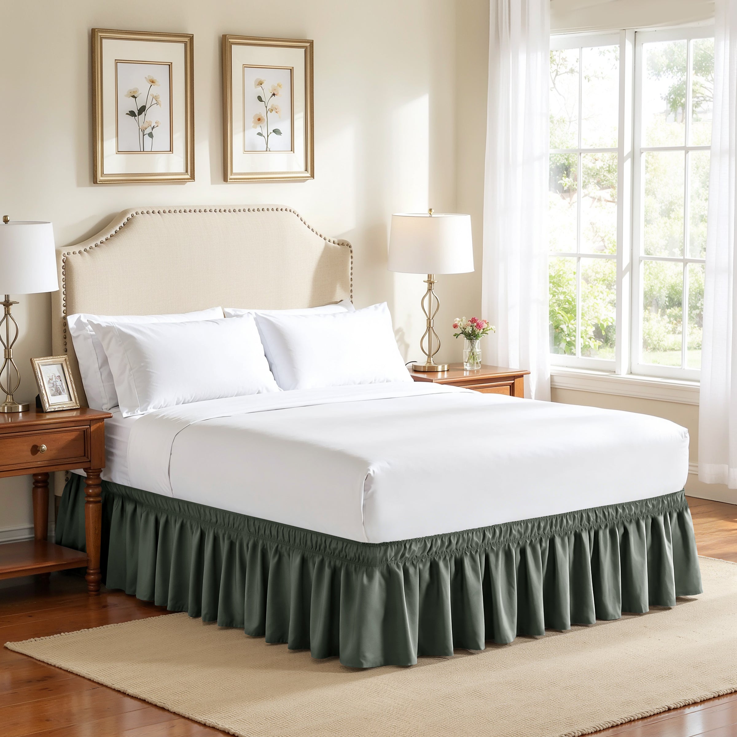 Subrtex Elastic Wrap Around Bed Skirt Dust Ruffle Smooth Soft Bed Frame Cover 15-inch Drop (Queen, Sand)