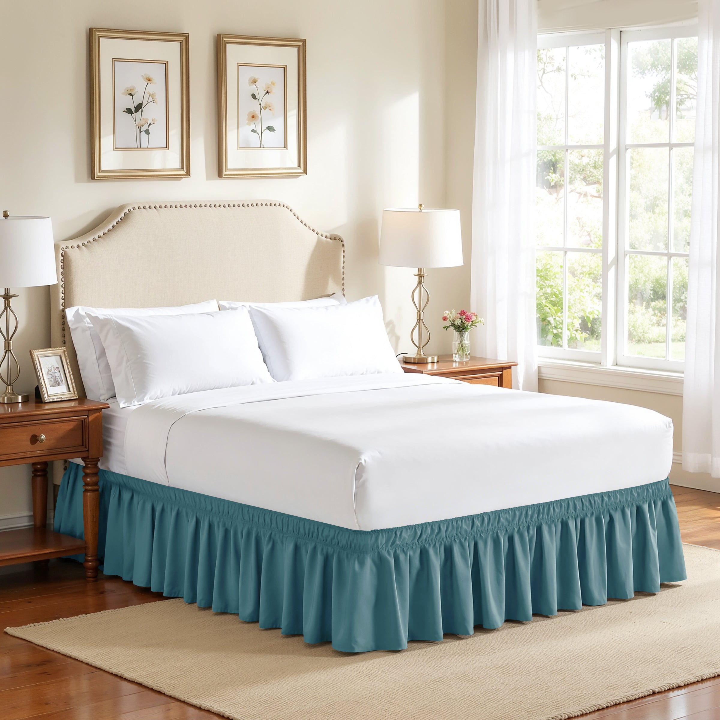 Subrtex Elastic Wrap Around Bed Skirt Dust Ruffle Smooth Soft Bed Frame Cover 15-inch Drop (Queen, Sand)
