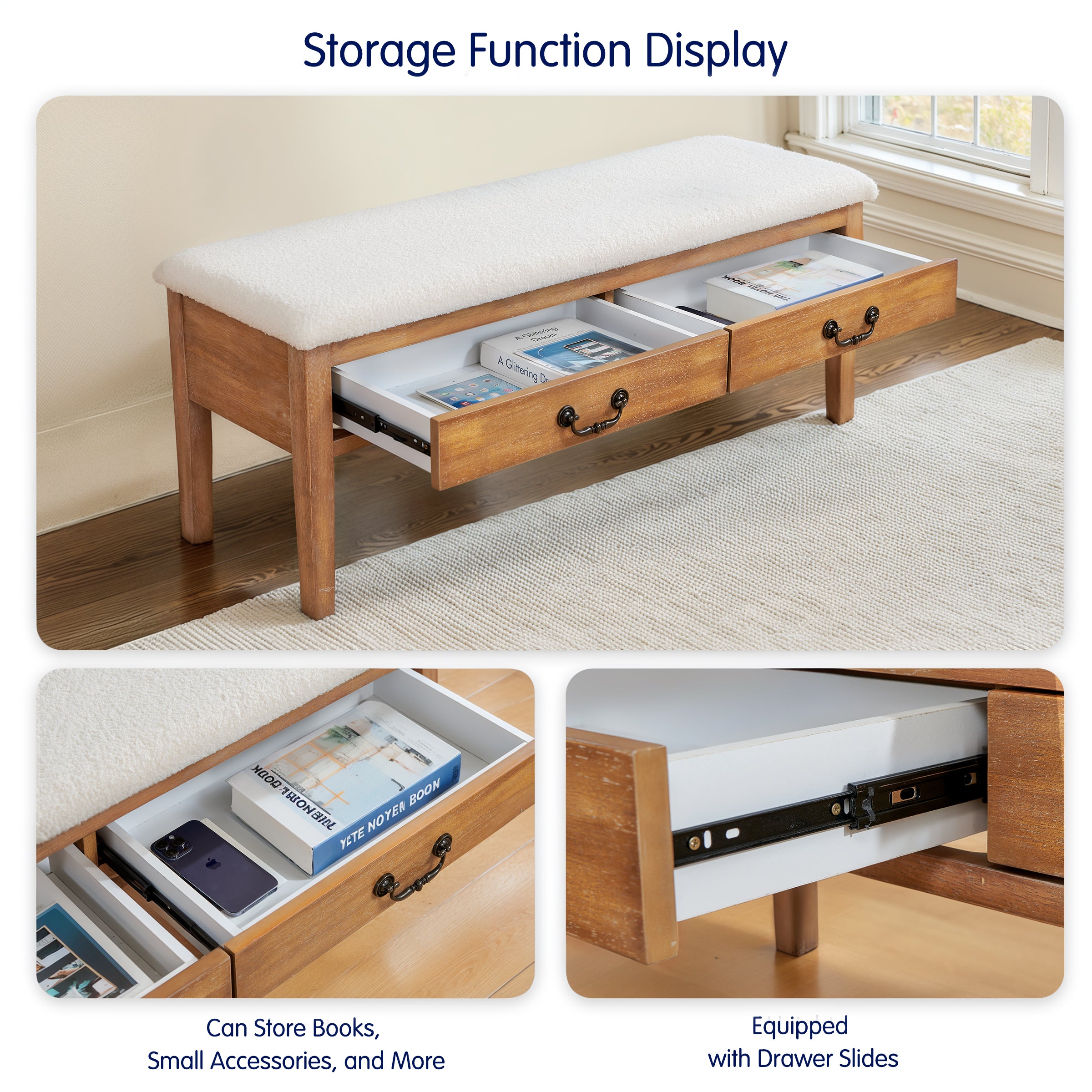 Subrtex Modern Upholstered Storage Bench with Drawers