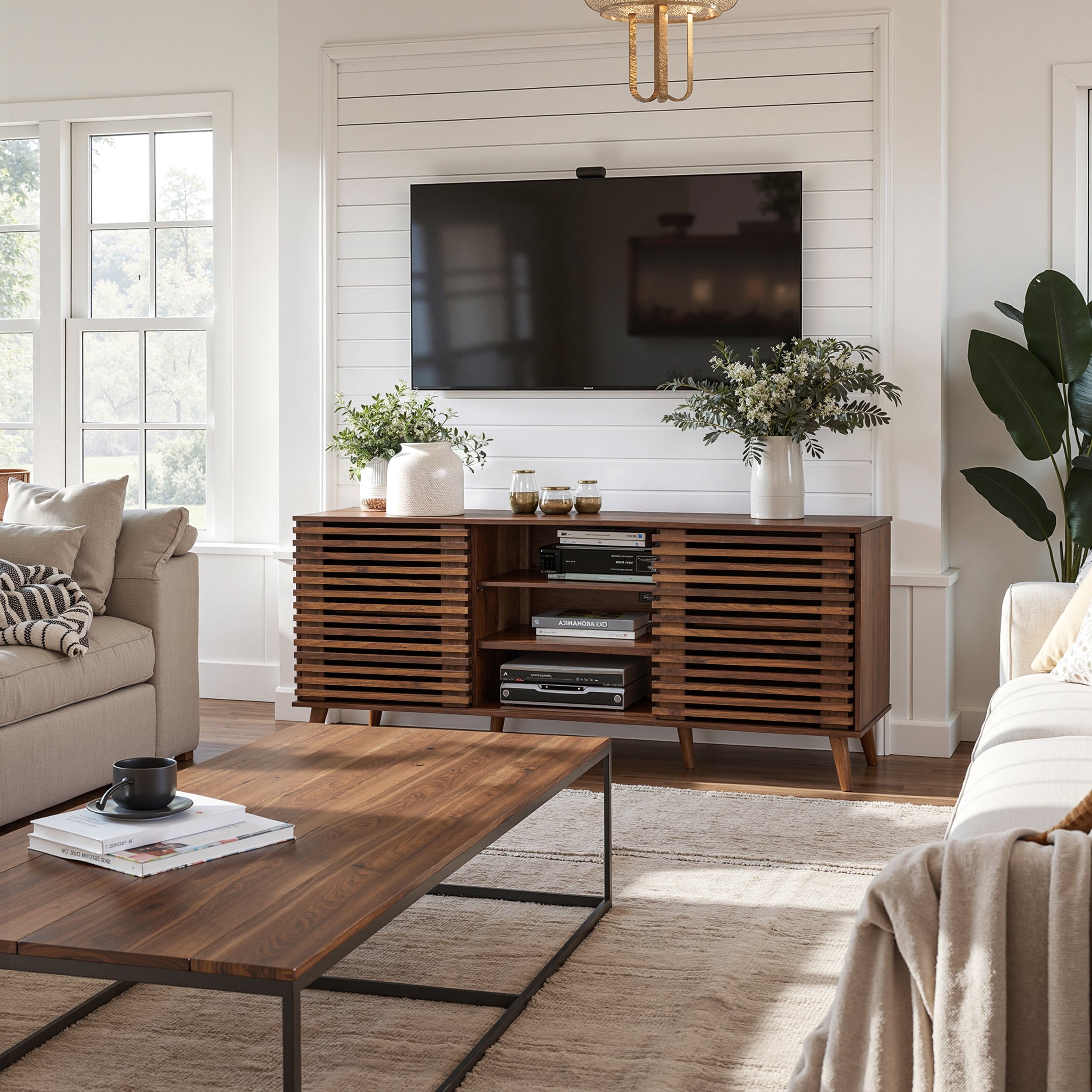 Subrtex 64" Mid-Century Walnut TV Stand with Sliding Slatted Doors