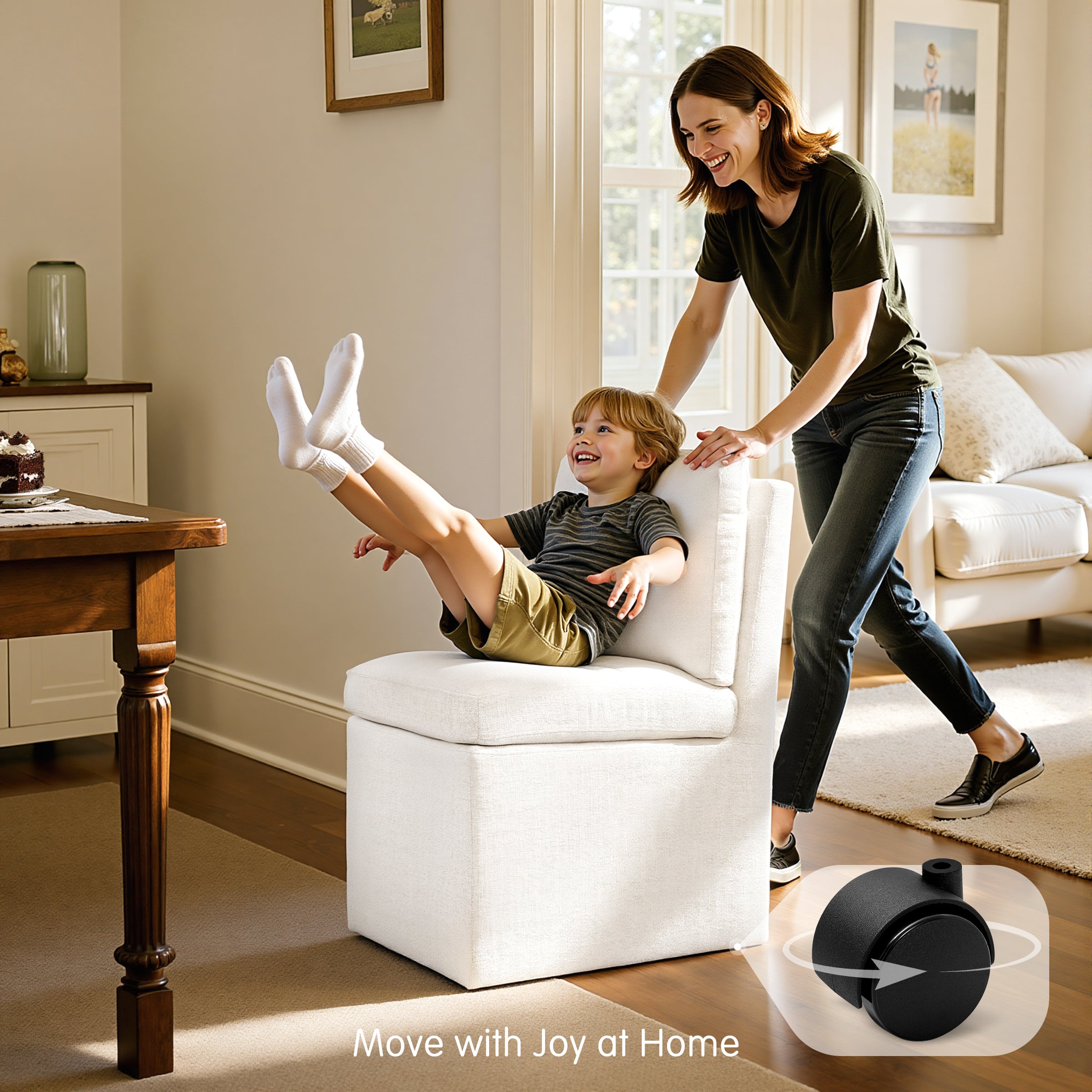 Subrtex Dining Chairs with Casters, Upholstered Dining Room Chairs, Accent Single Sofa Chair, Arrived Assembed, Slient Wheels, Cream/Khaki