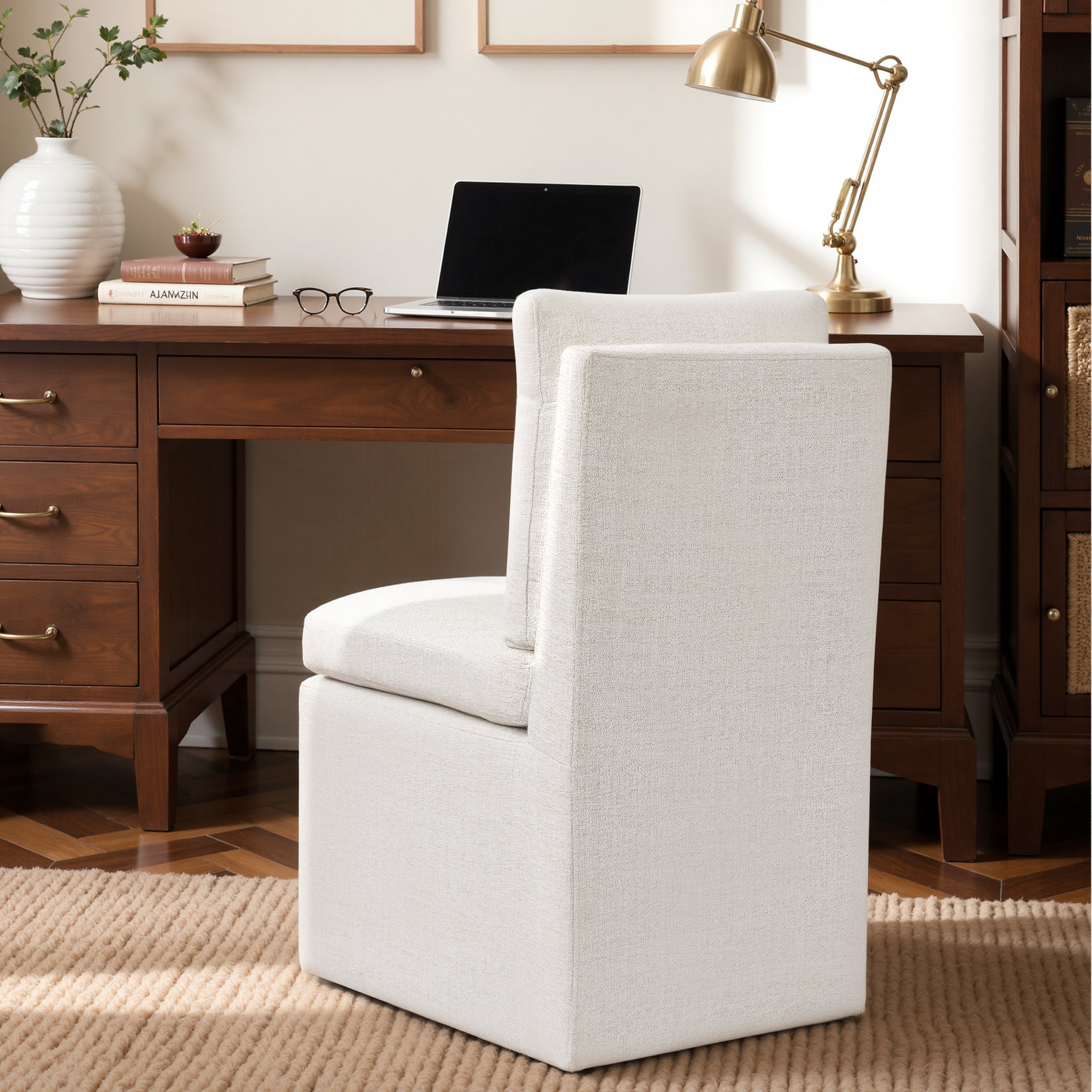 Subrtex Dining Chairs with Casters, Upholstered Dining Room Chairs, Accent Single Sofa Chair, Arrived Assembed, Slient Wheels, Cream/Khaki