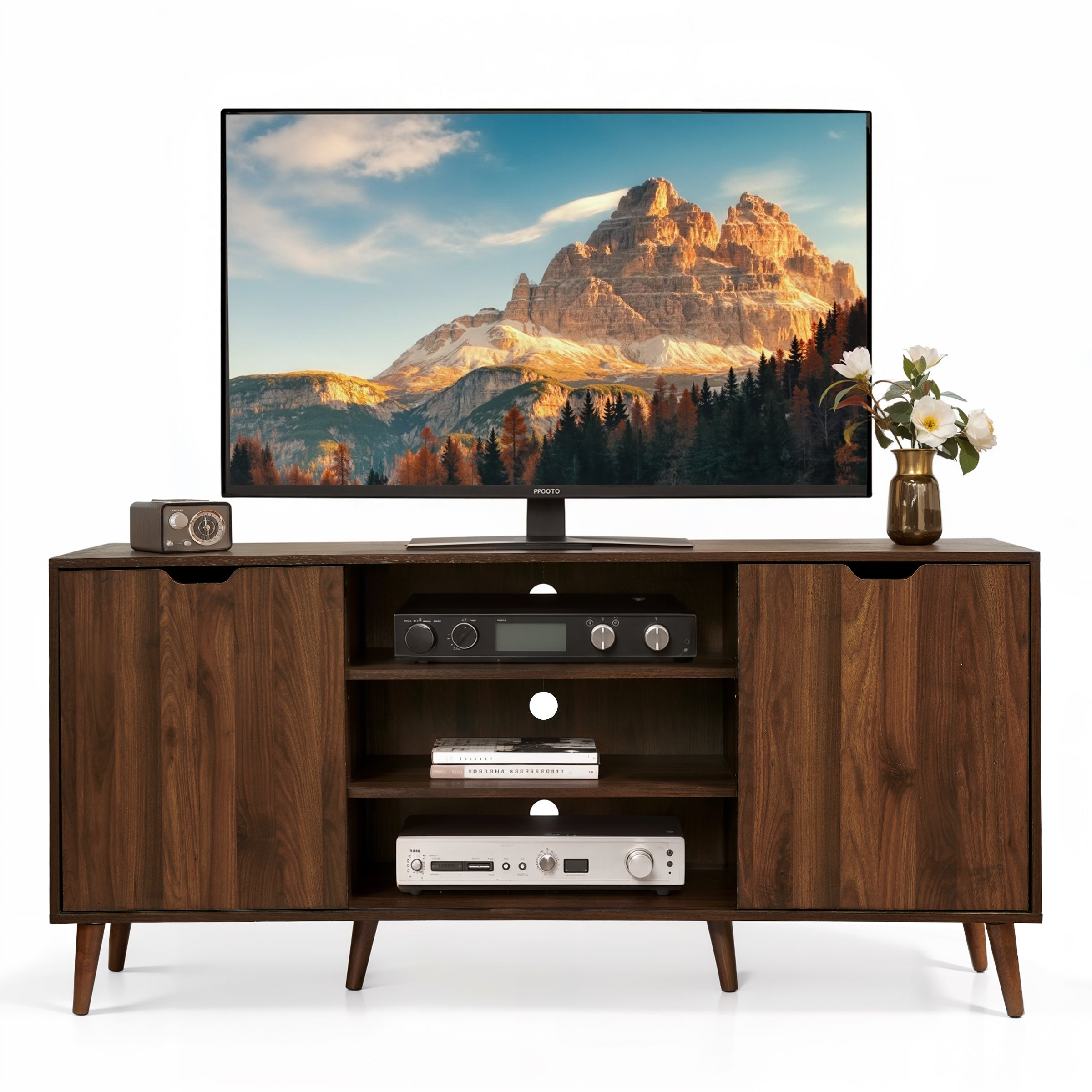 Subrtex 64" Rubberwood TV Stand with Sliding Doors, Adjustable Shelves & Cable Management