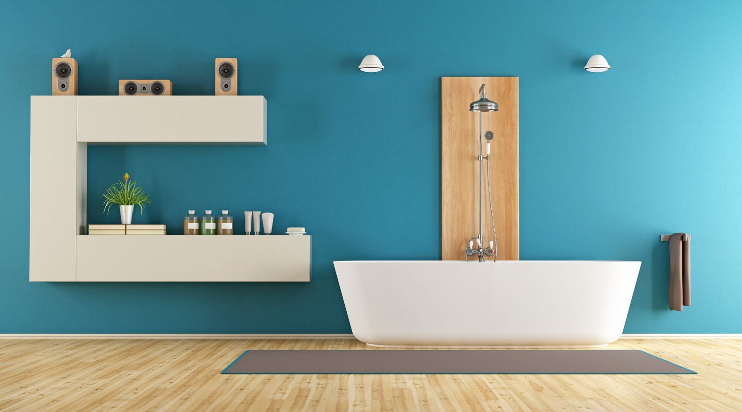 A modern bathroom with fancy tub and bathmat